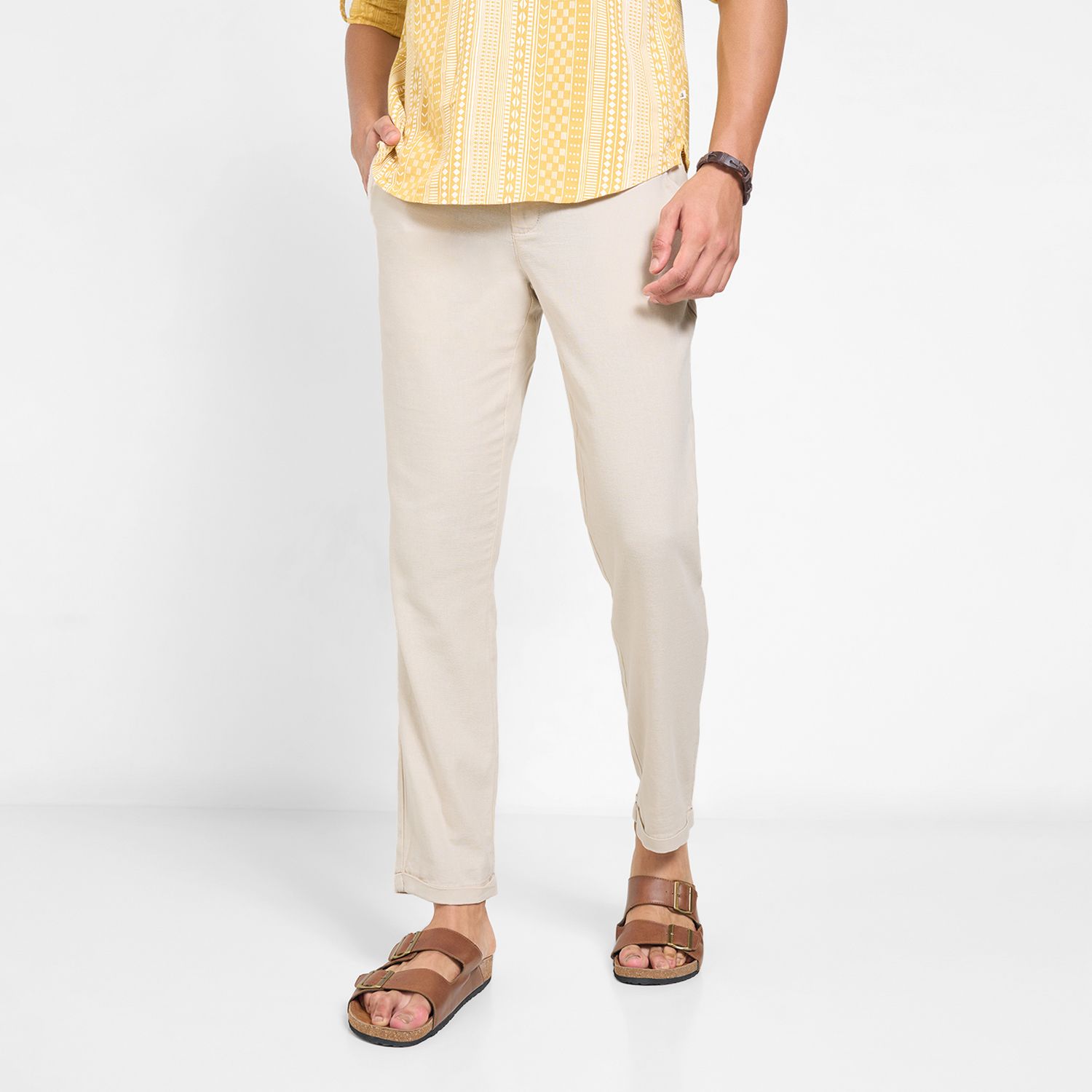 Men Comfort Fit Beige Cotton Blend Trousers