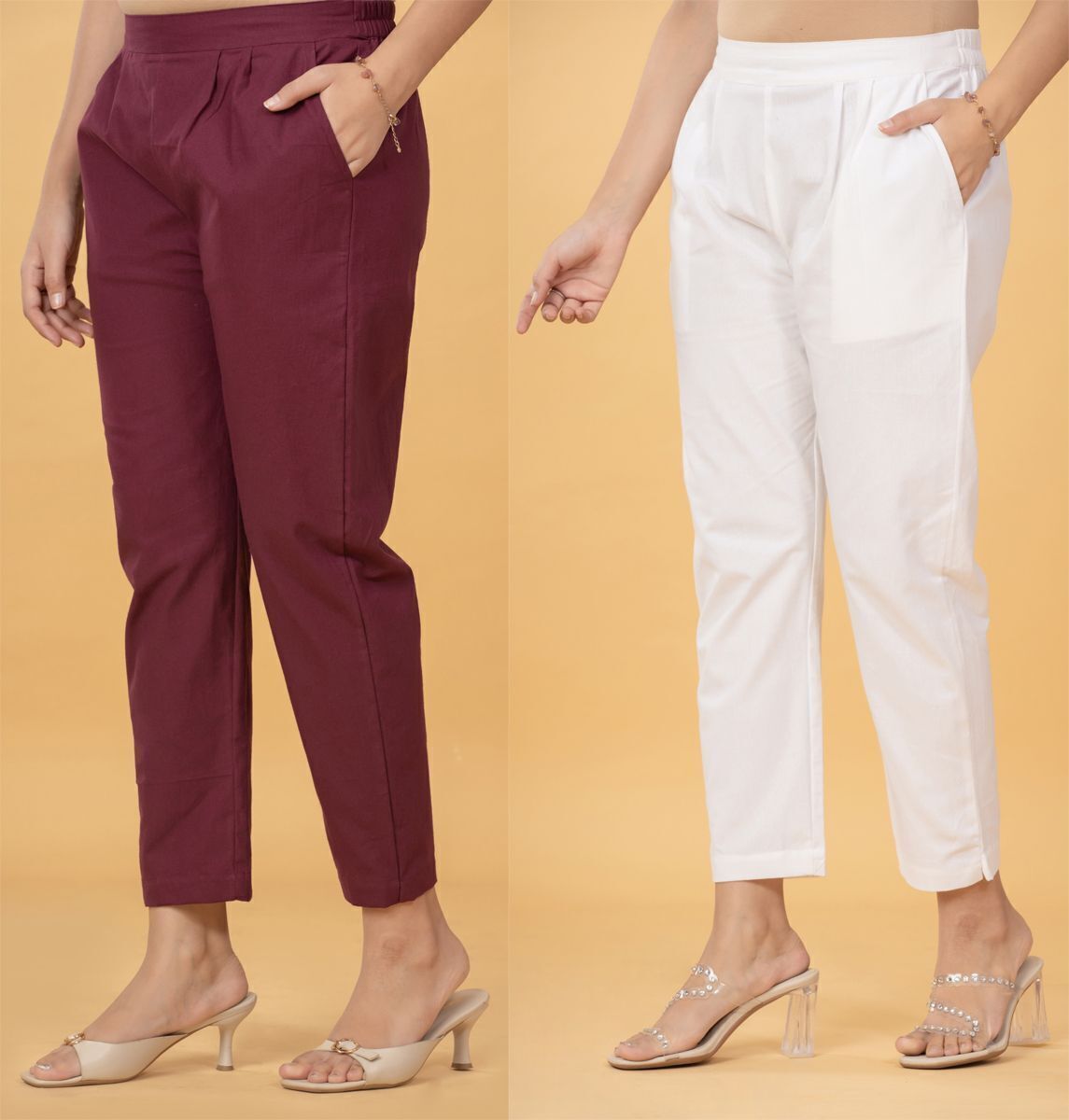 Pack of 2 Women Regular Fit White, Maroon Pure Cotton Trousers-image-33