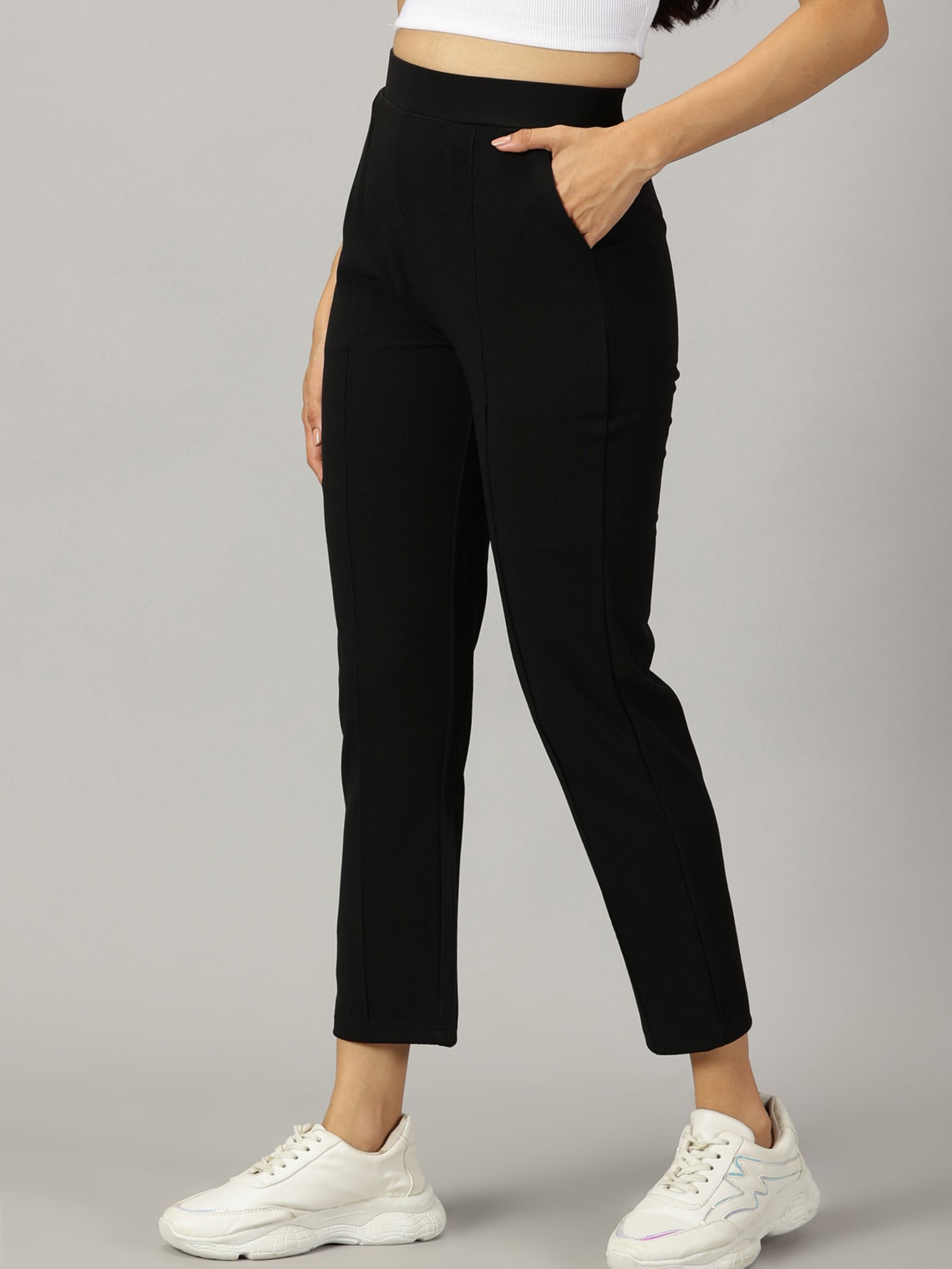 Women Skinny Fit Black Polyester Trousers