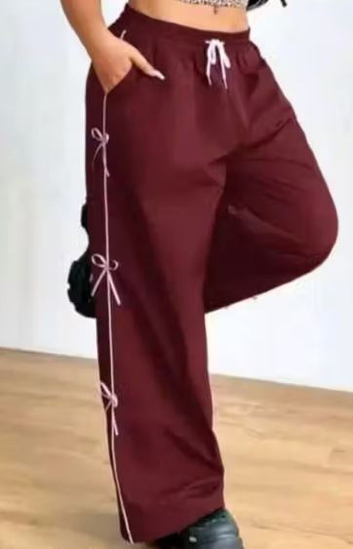 Women Loose Fit Maroon Cotton Blend Trousers
