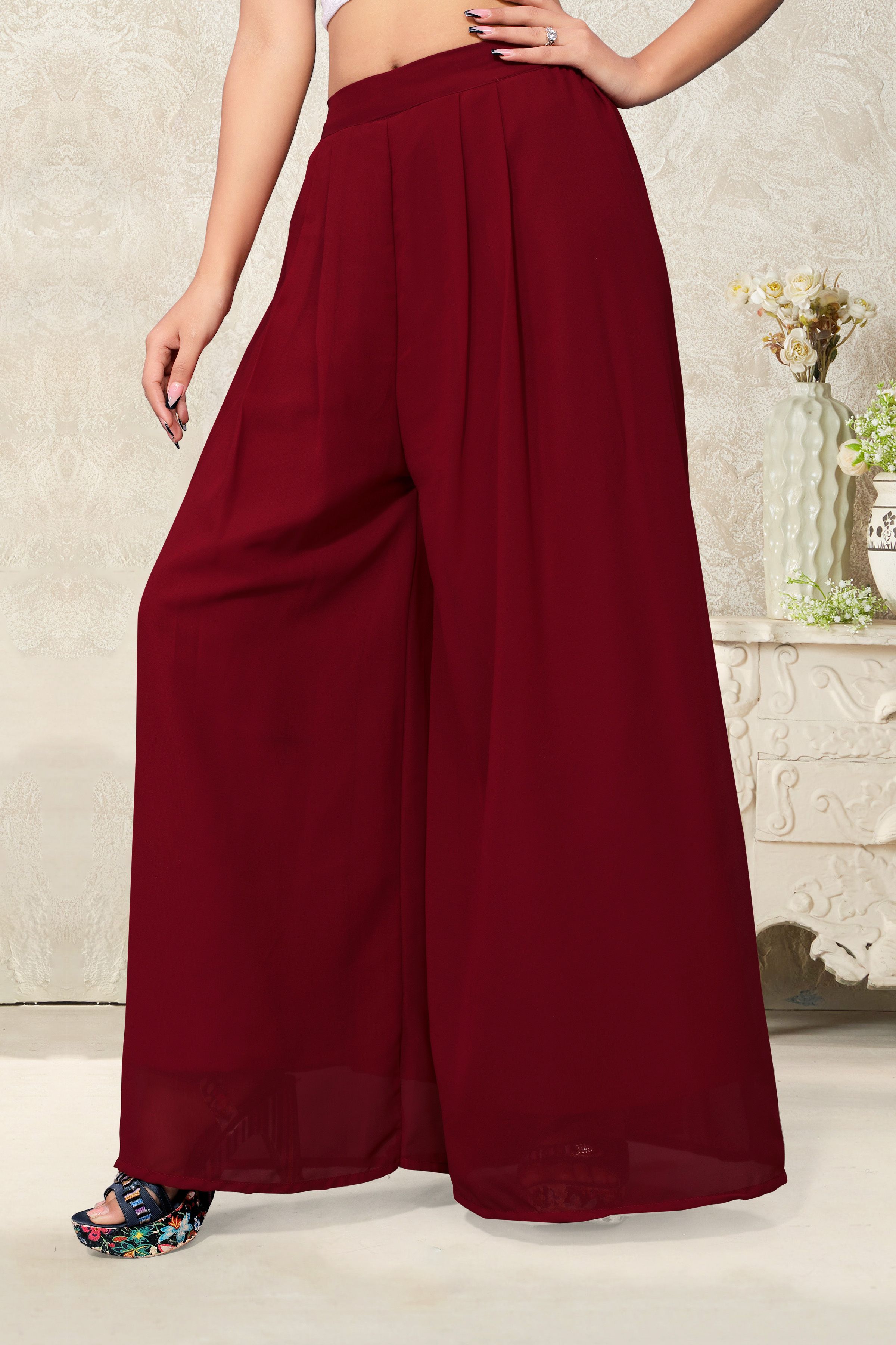 Women Flared Light Green Georgette Trousers-image-9