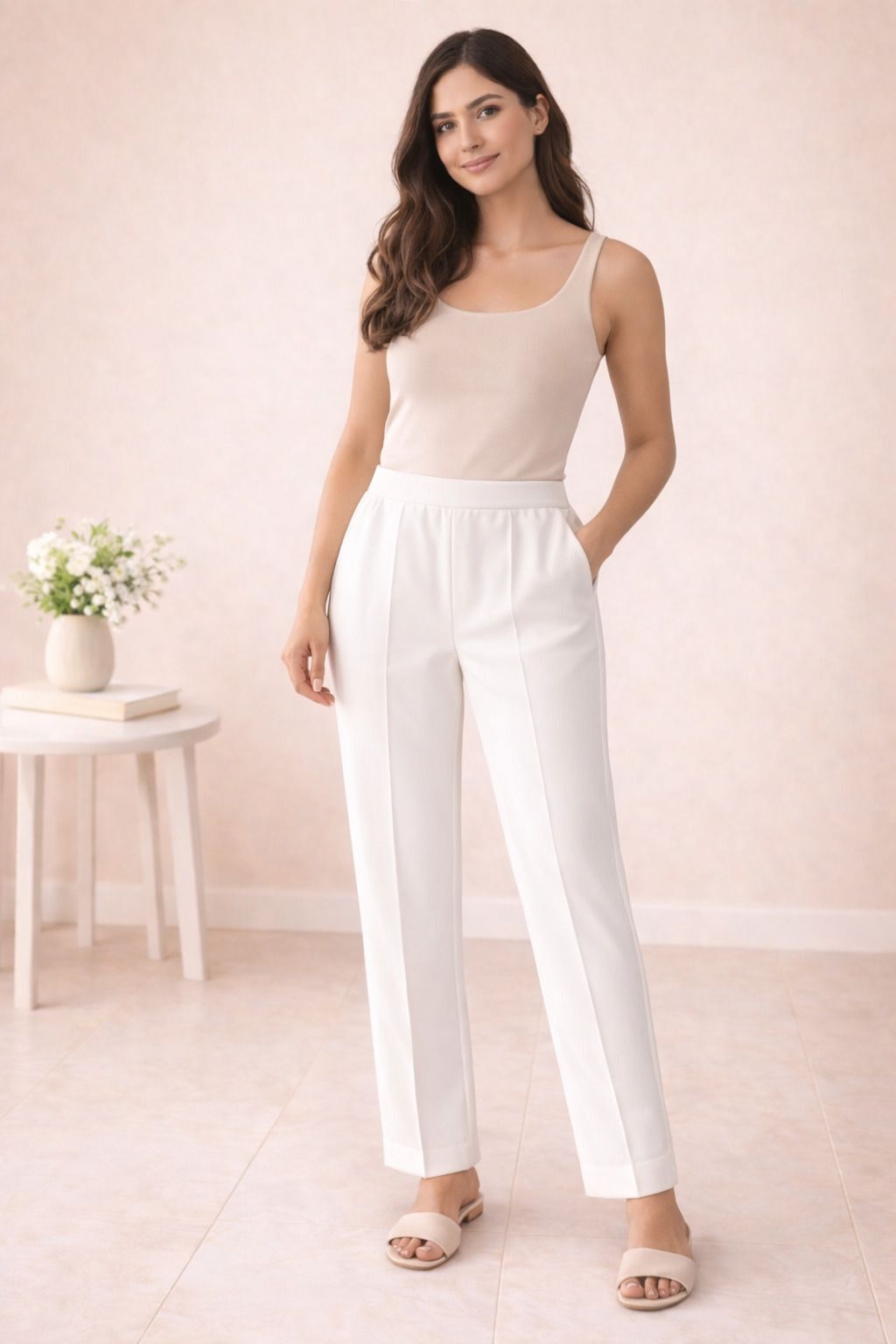 Women Straight Fit White Cotton Blend Trousers-image-31