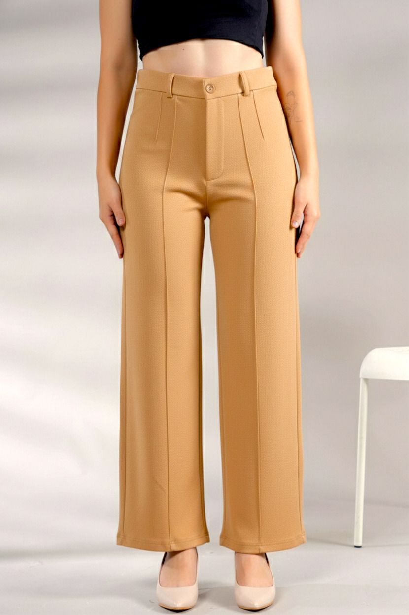 Women Flared Beige Polyester Trousers
