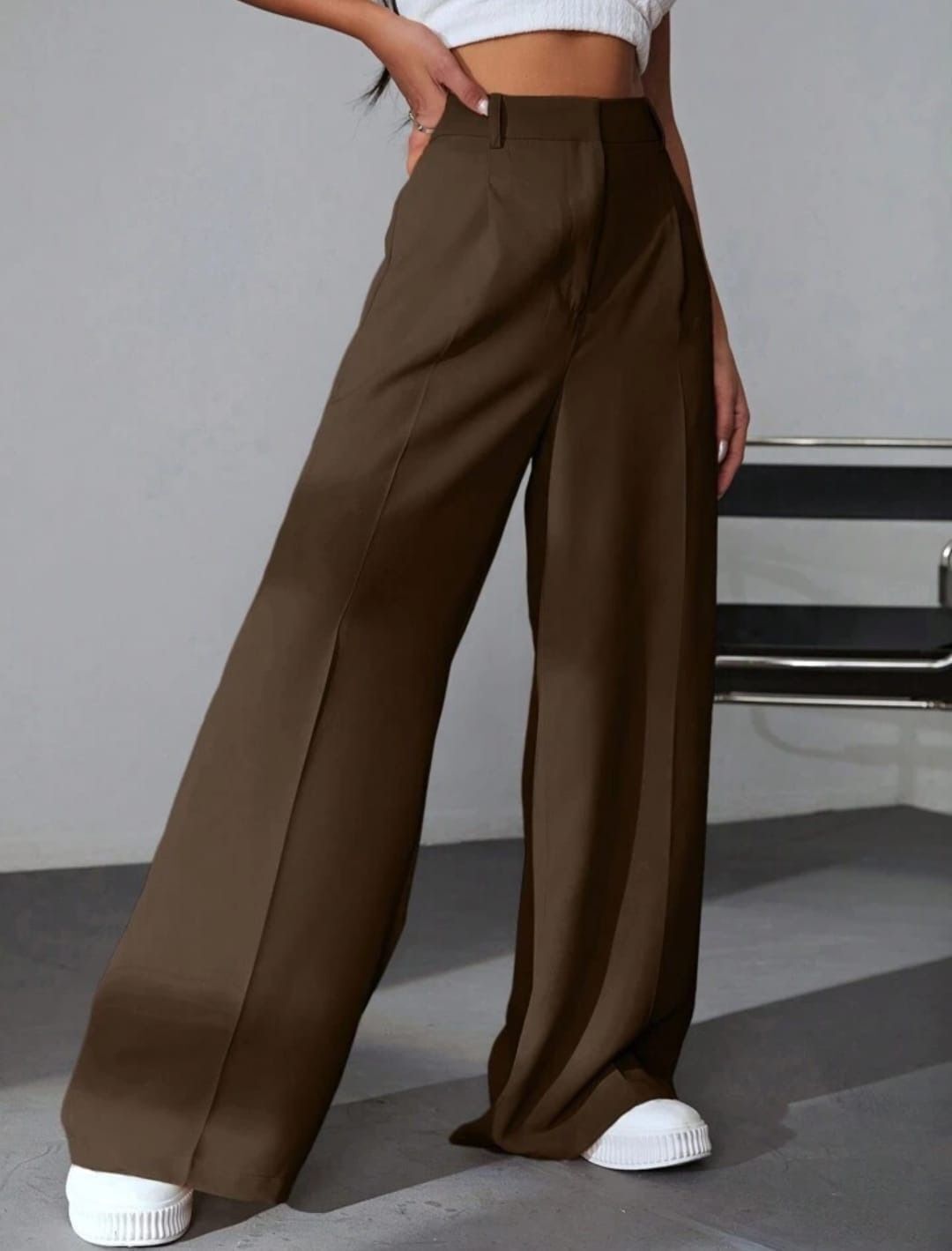 Women Regular Fit Brown Polyester Trousers-image-1