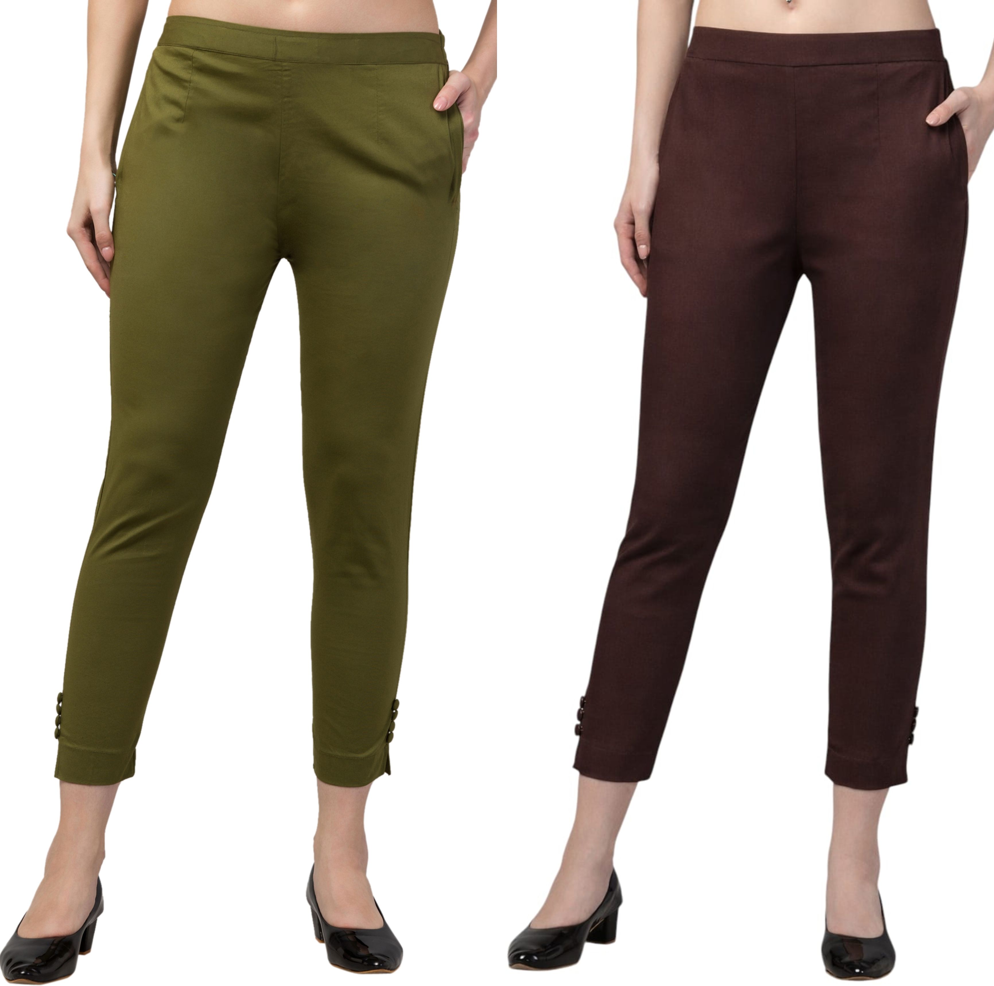 Pack of 2 Women Regular Fit Dark Green, Brown Cotton Blend Trousers-image-37