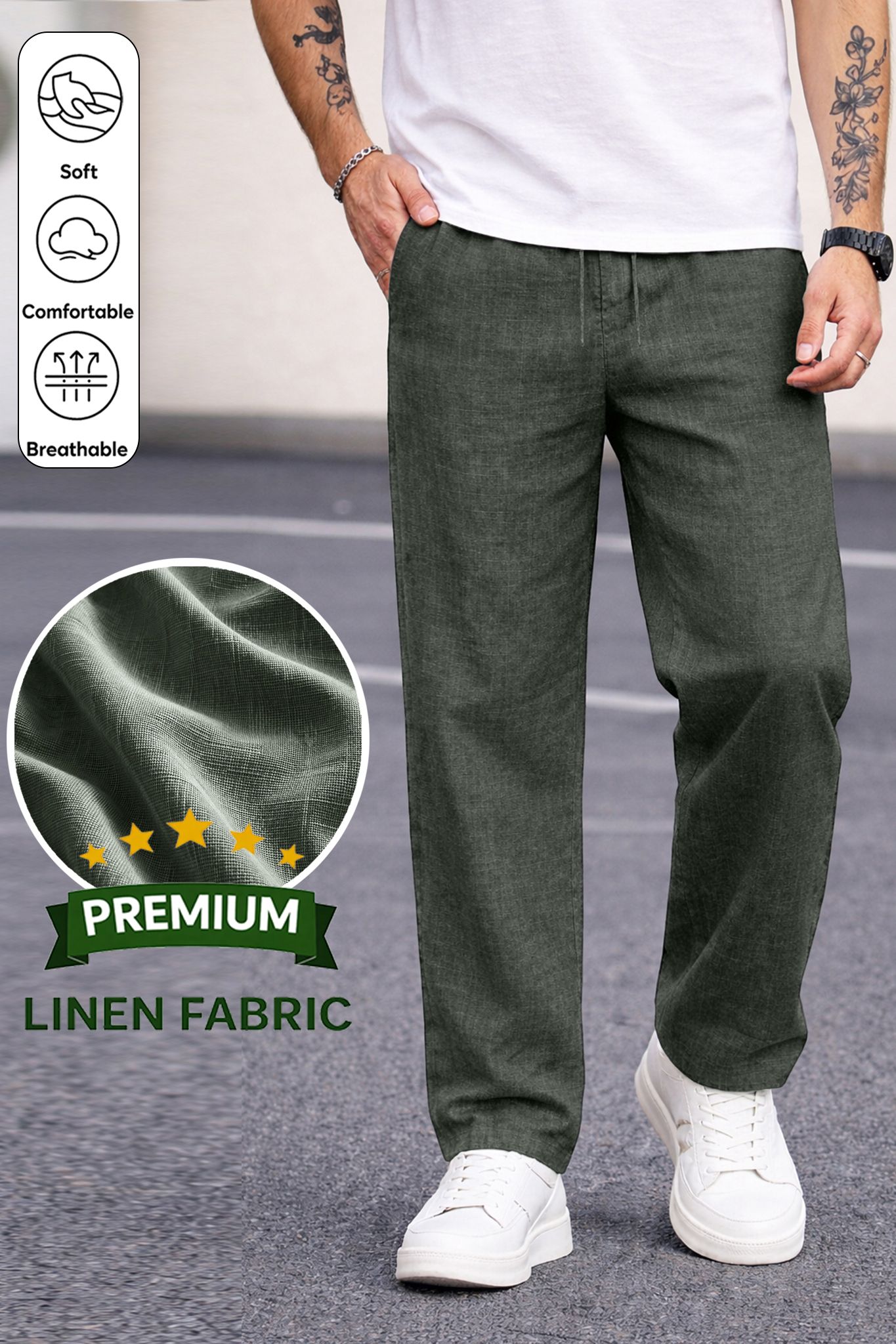 Men Slim Fit Grey Pure Linen Trousers-image-45
