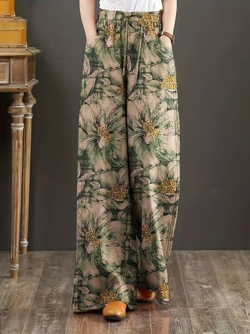 Loose Fit Women Green Cotton Blend Trousers
