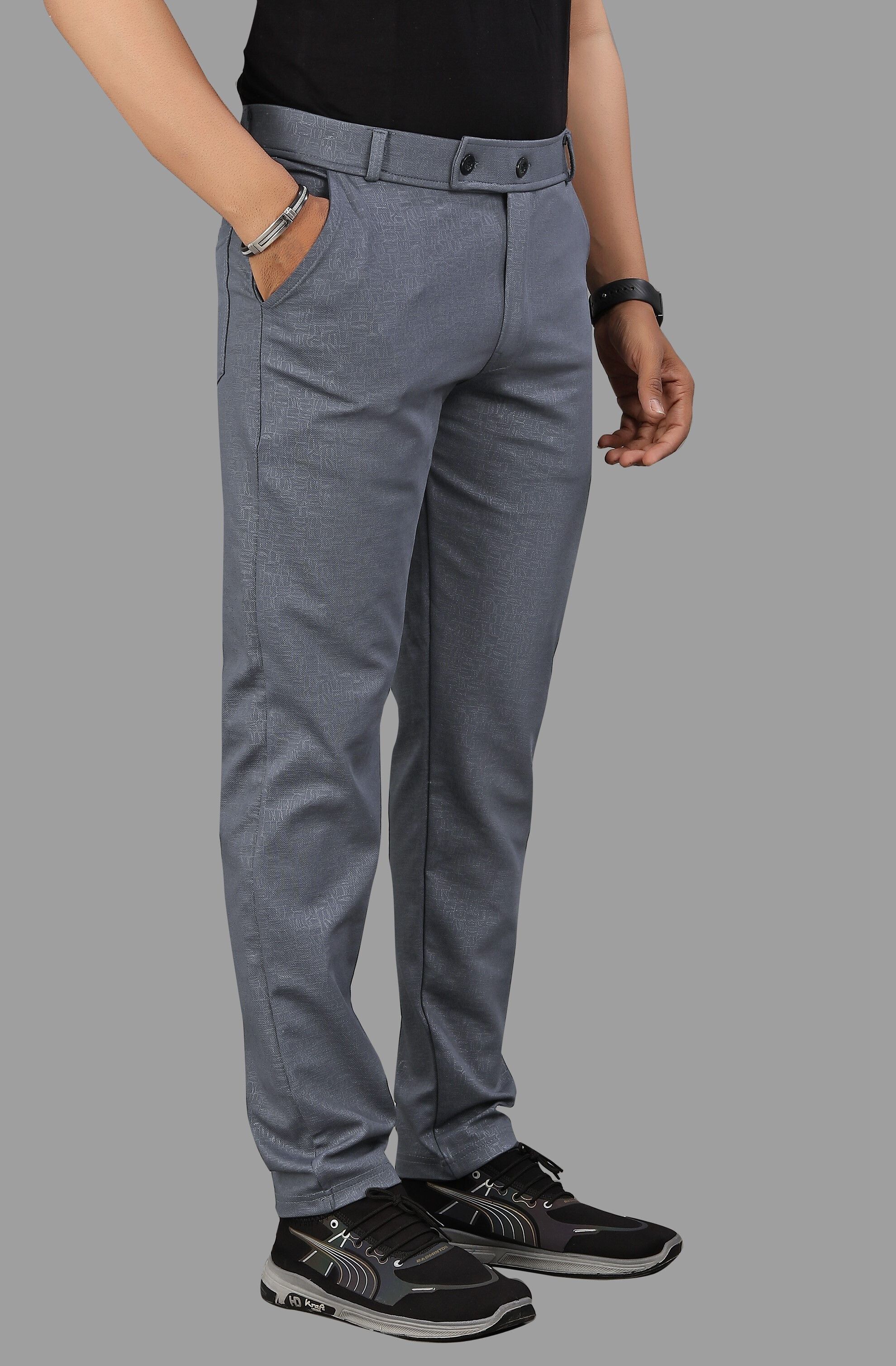 Men Slim Fit Grey Lycra Blend Trousers-image-7