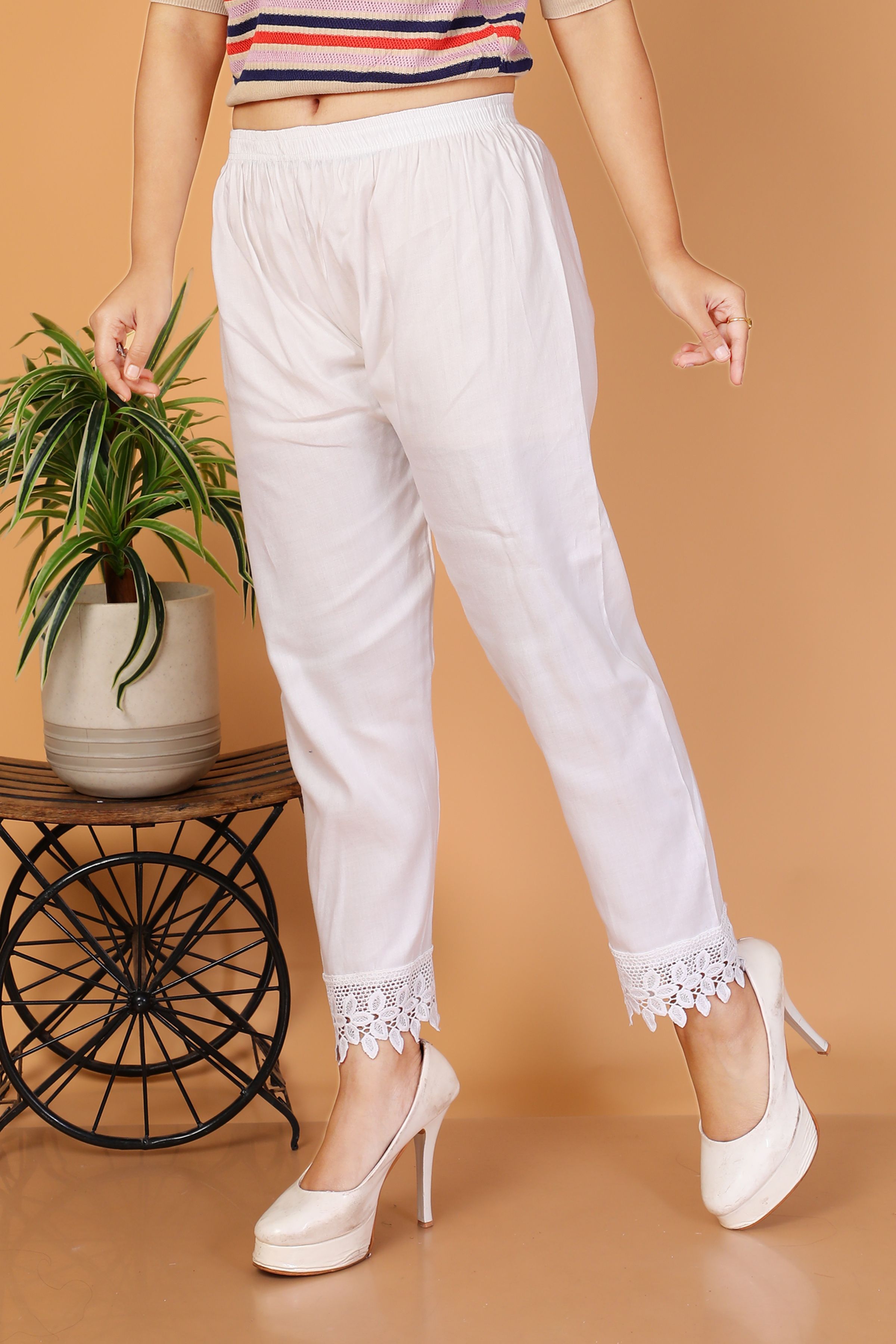 Women Slim Fit White Cotton Blend Trousers