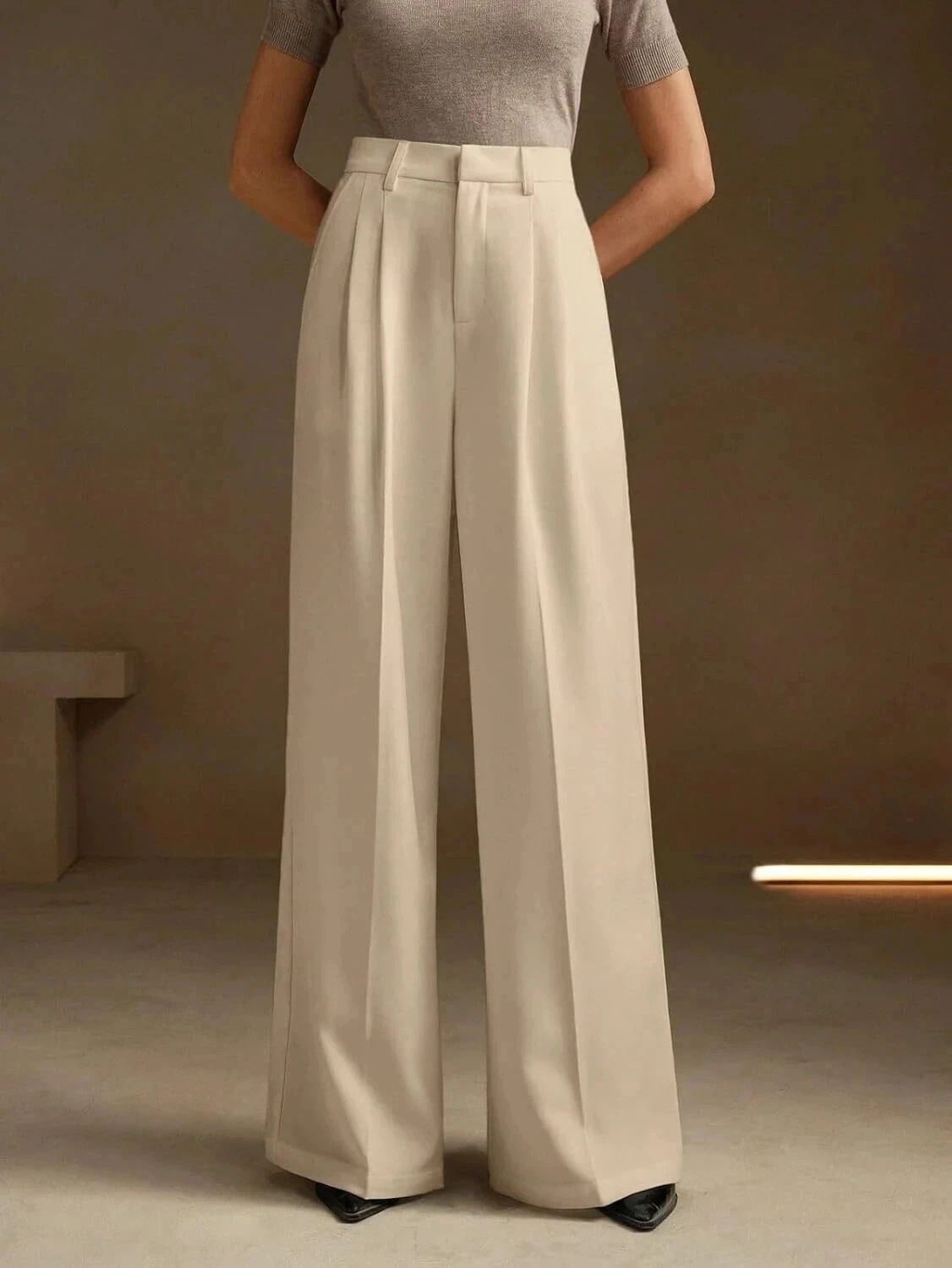 Women Relaxed Beige Viscose Rayon Trousers