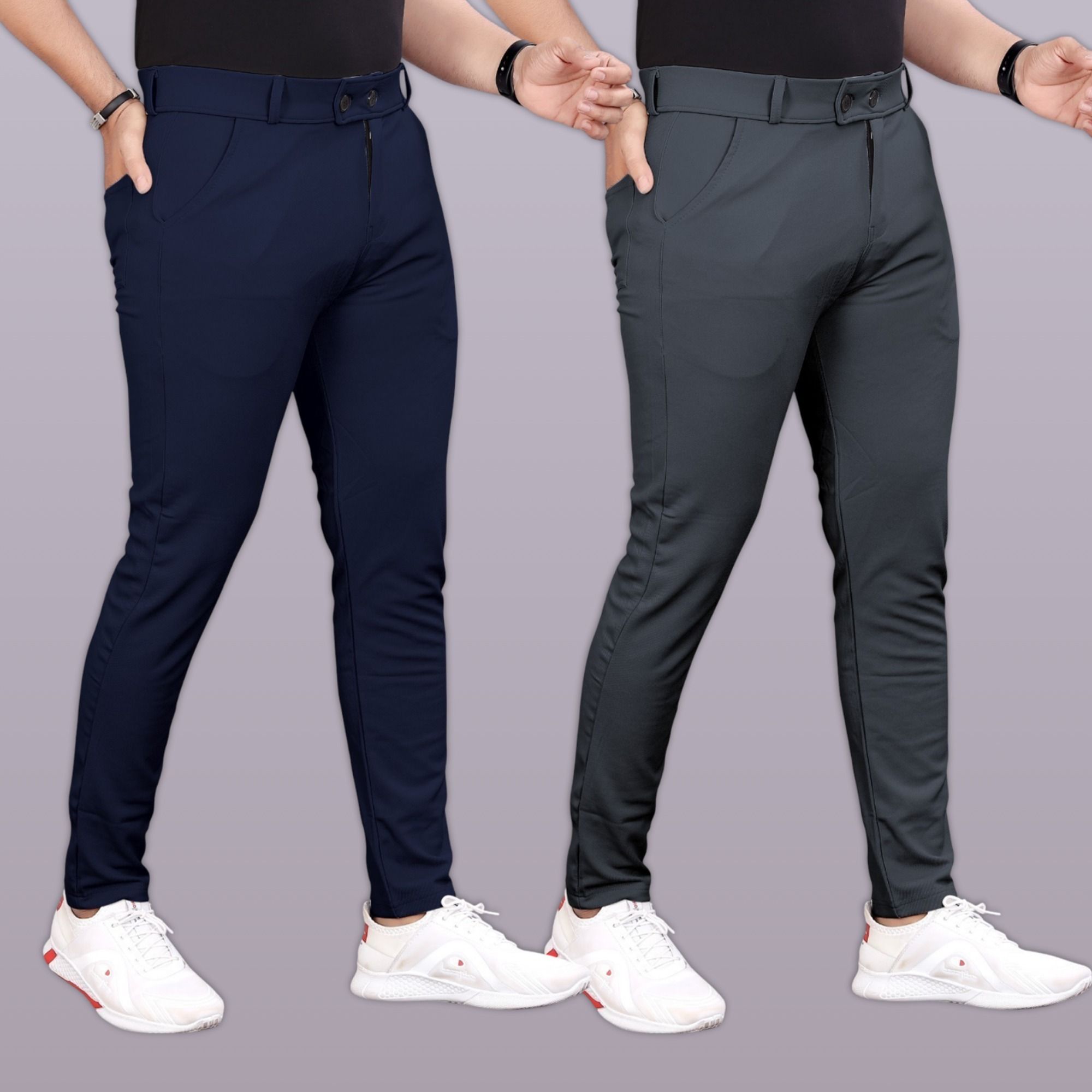 gibbonte Pack of 2 Men Slim Fit Blue, Grey Lycra Blend Trousers-picture-24