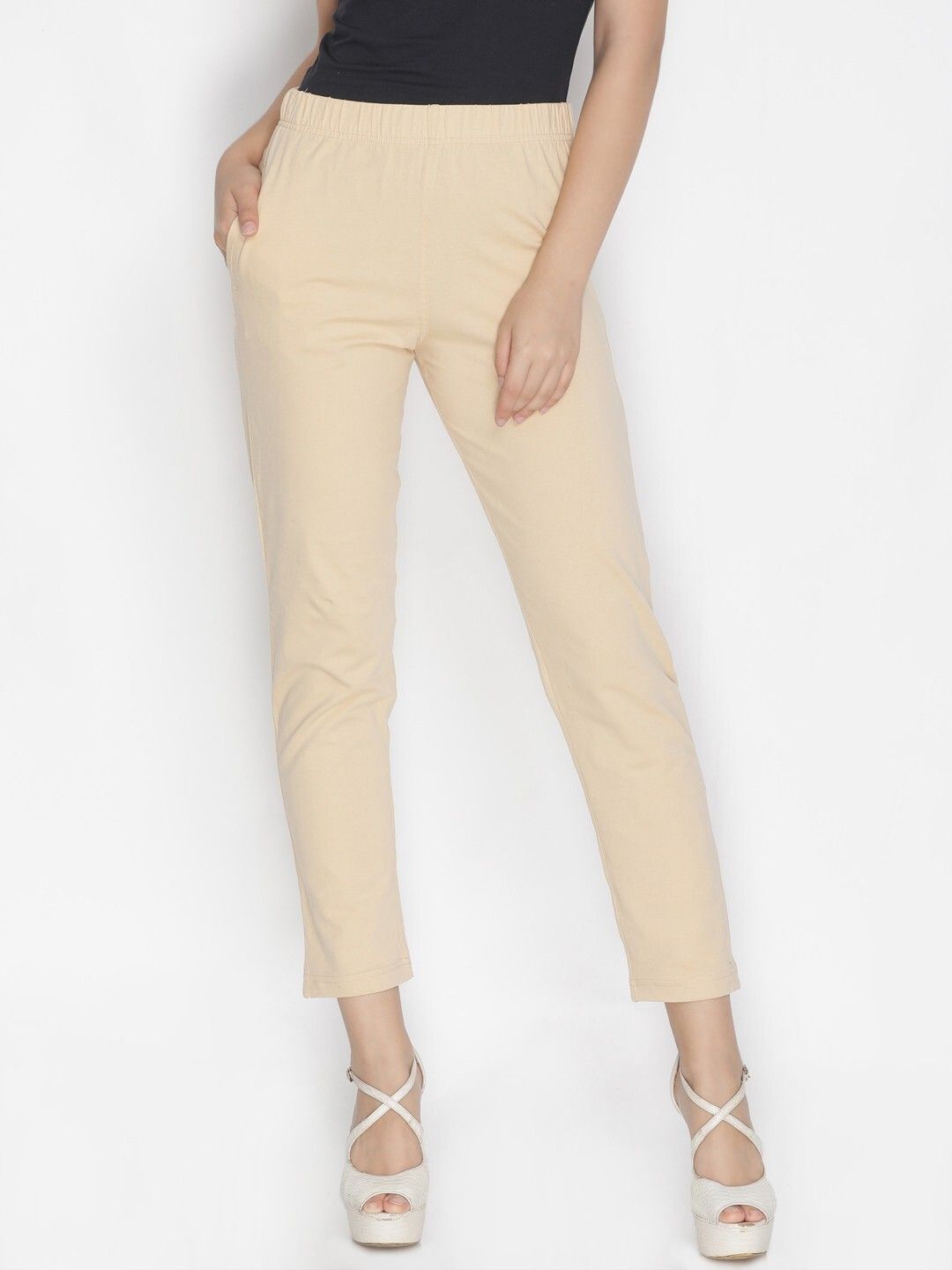 lyra Women Slim Fit Beige Cotton Blend Trousers-picture-16