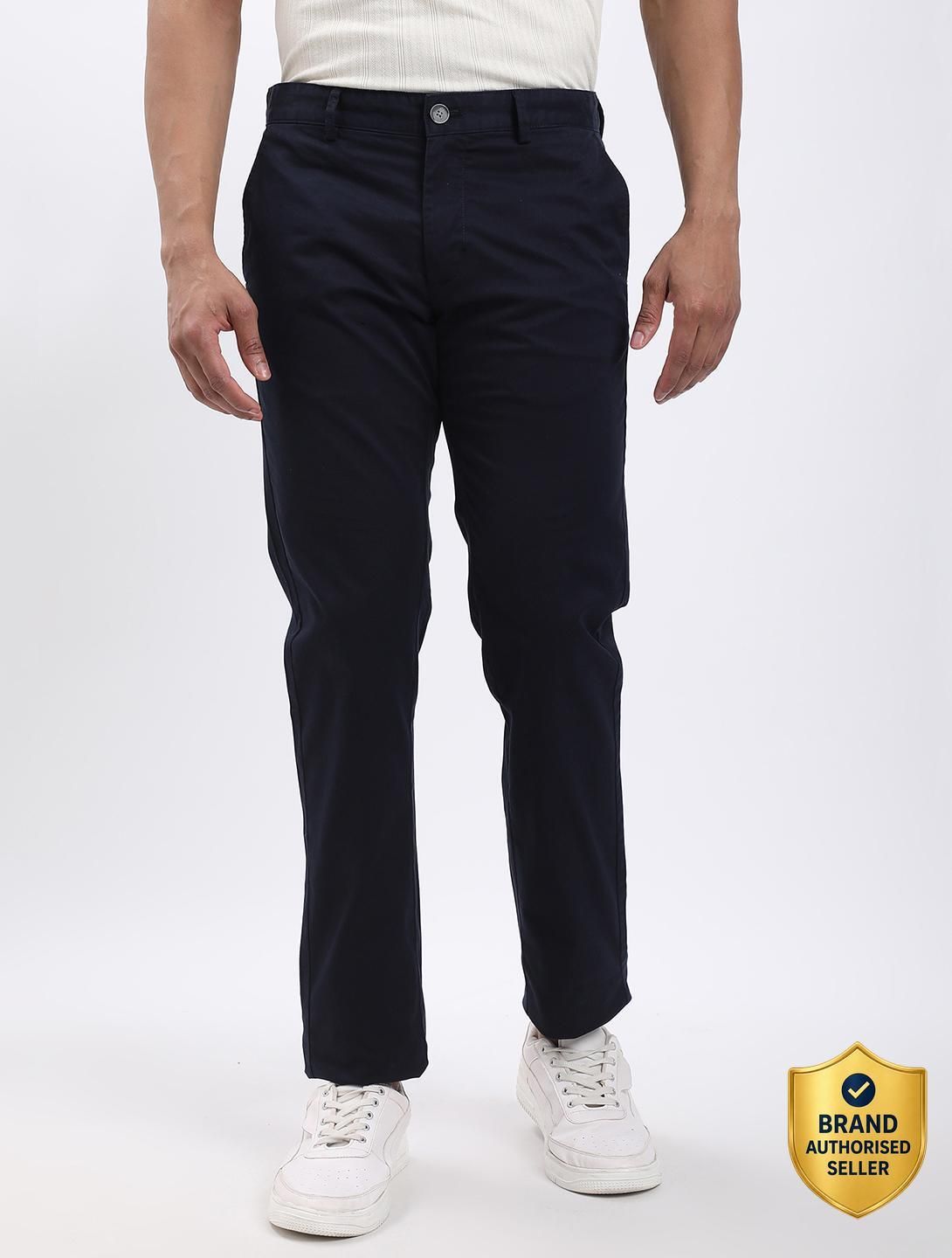 Men Slim Fit Dark Blue Cotton Blend Trousers-image-39