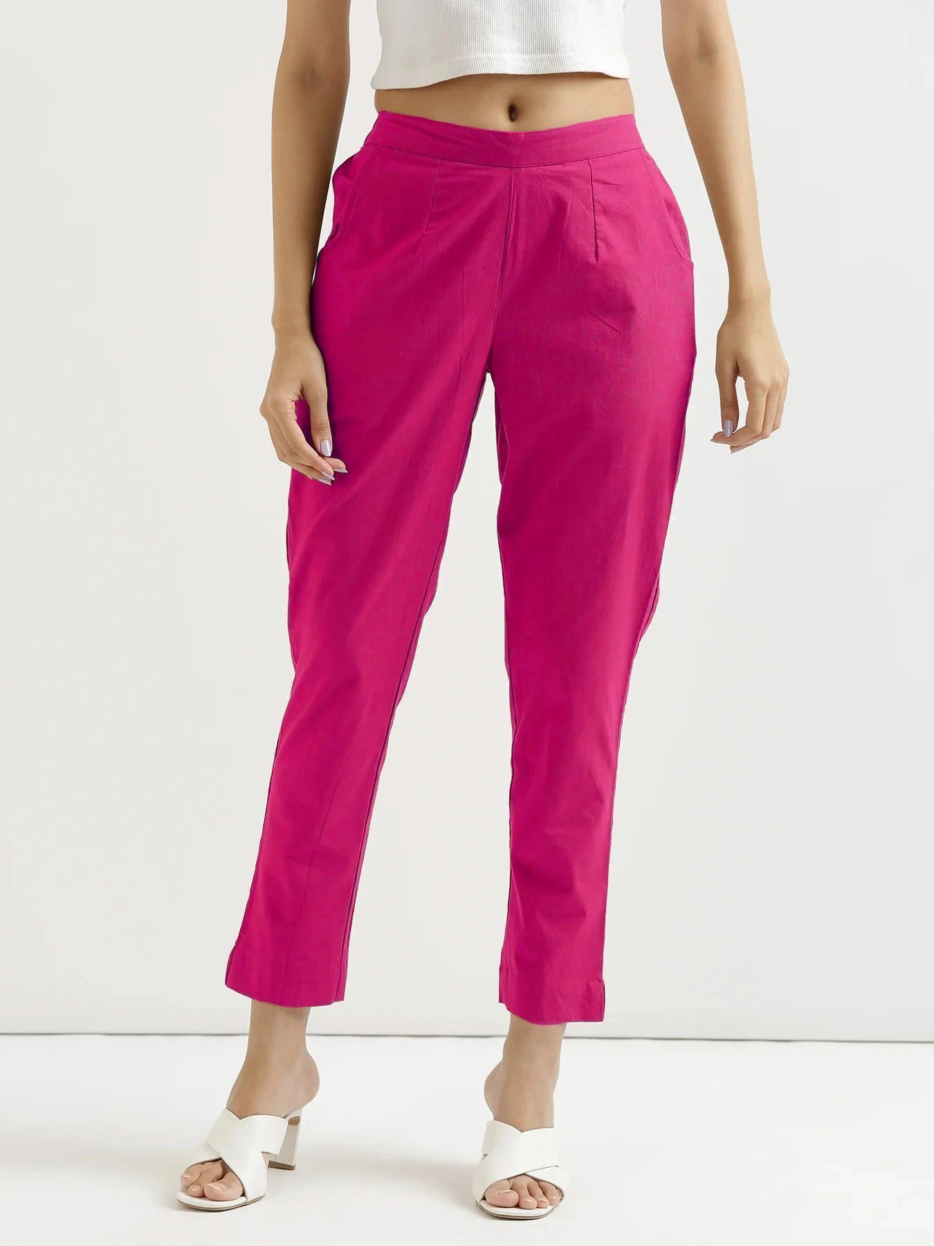 Women Regular Fit Pink Pure Cotton Trousers-image-21