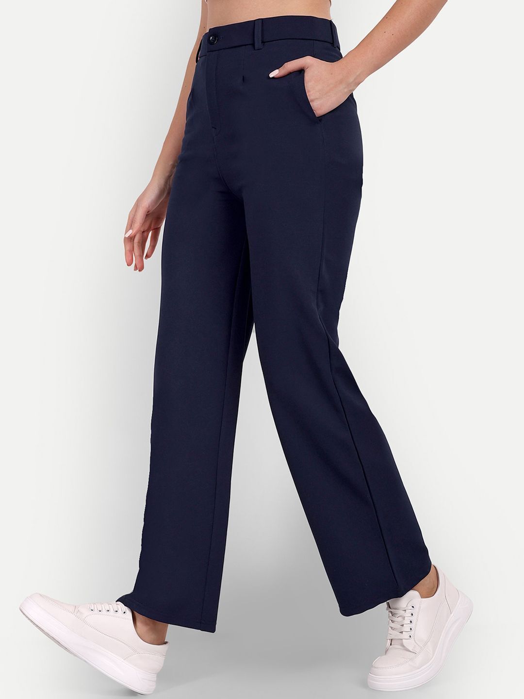 Women Straight Fit Blue Viscose Rayon Trousers-image-1