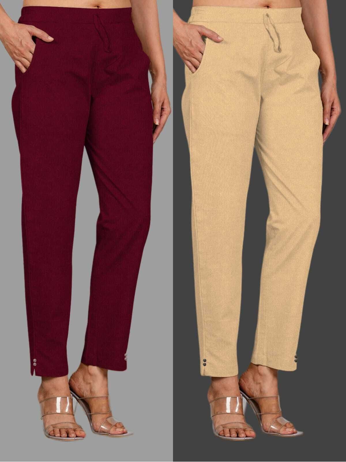 Pack of 2 Women Straight Fit Maroon, Beige Cotton Blend Trousers-image-23