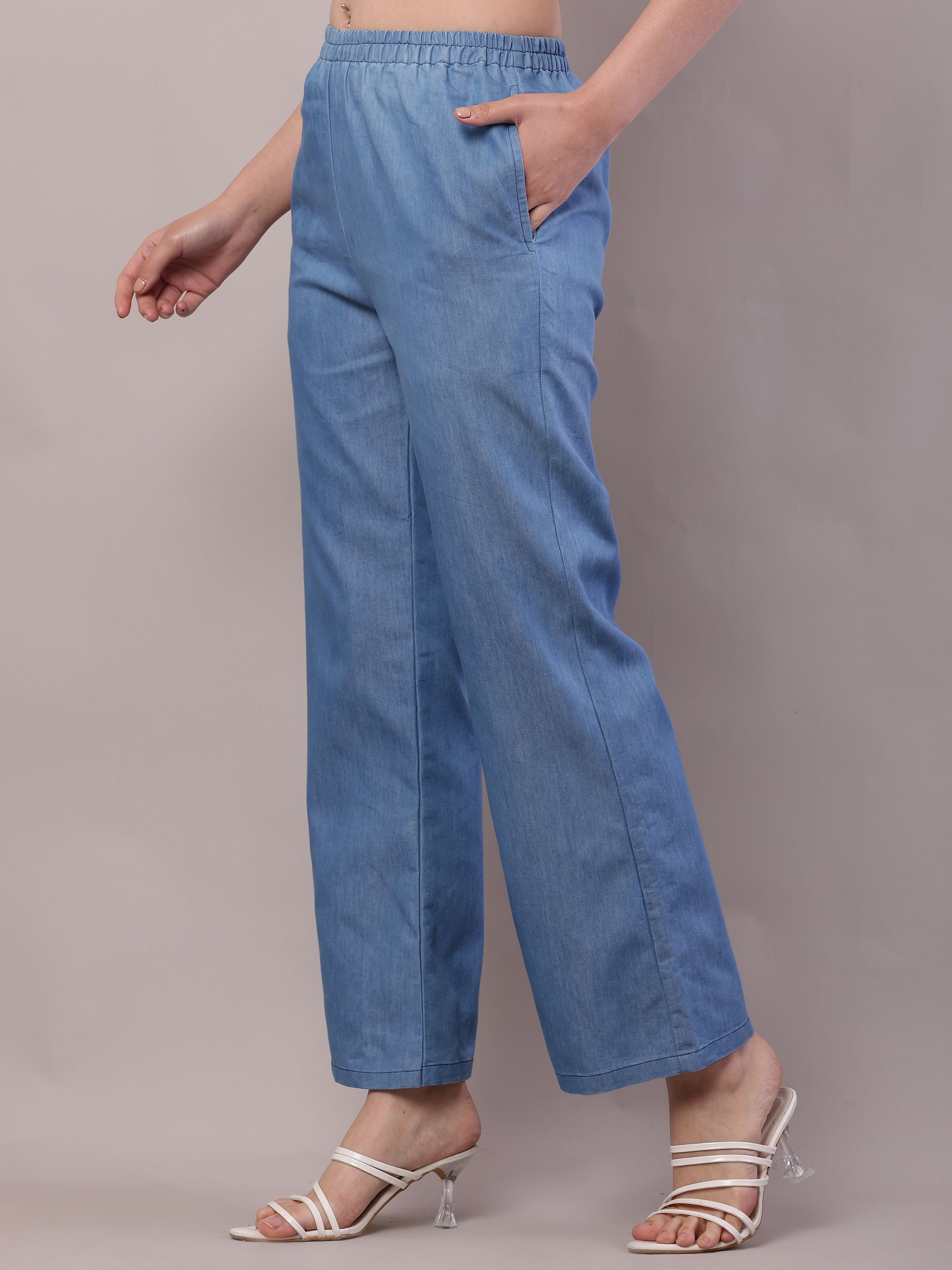 Women Regular Fit Blue Cotton Blend Trousers