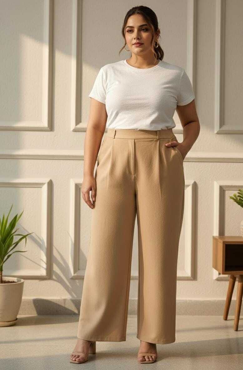 sqew Women Loose Fit Beige Lycra Blend Trousers-picture-11