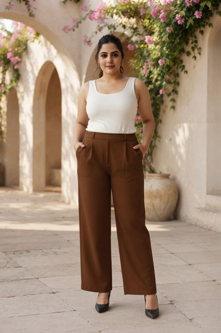 sqew Women Loose Fit Brown Cotton Blend Trousers-picture-13