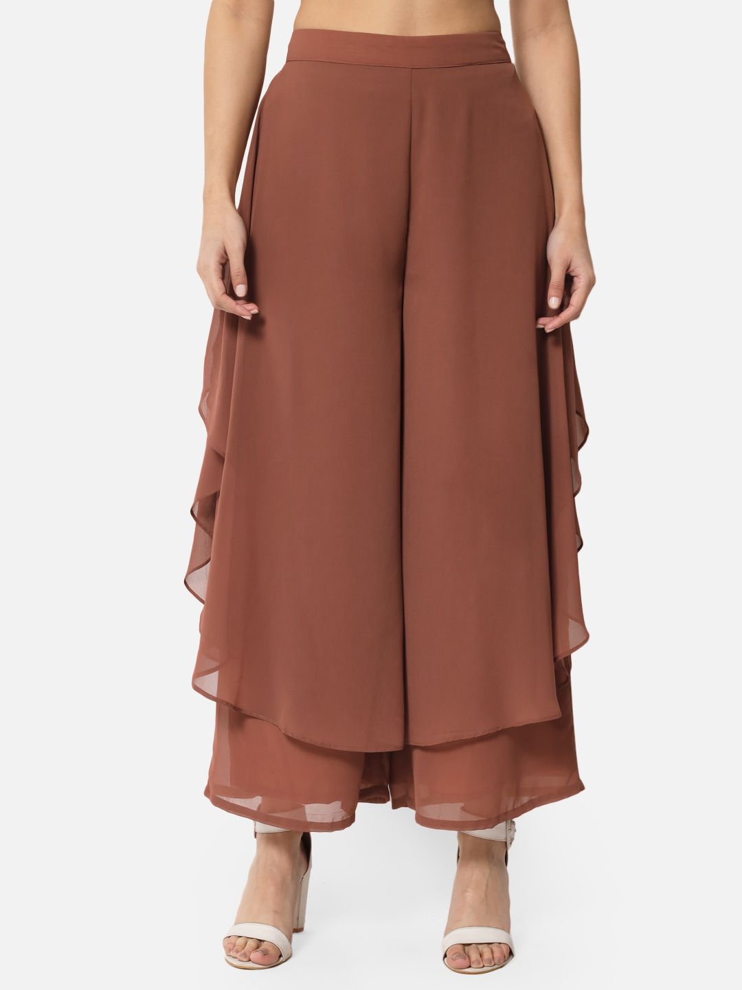 Women Flared Brown Georgette Trousers-image-2