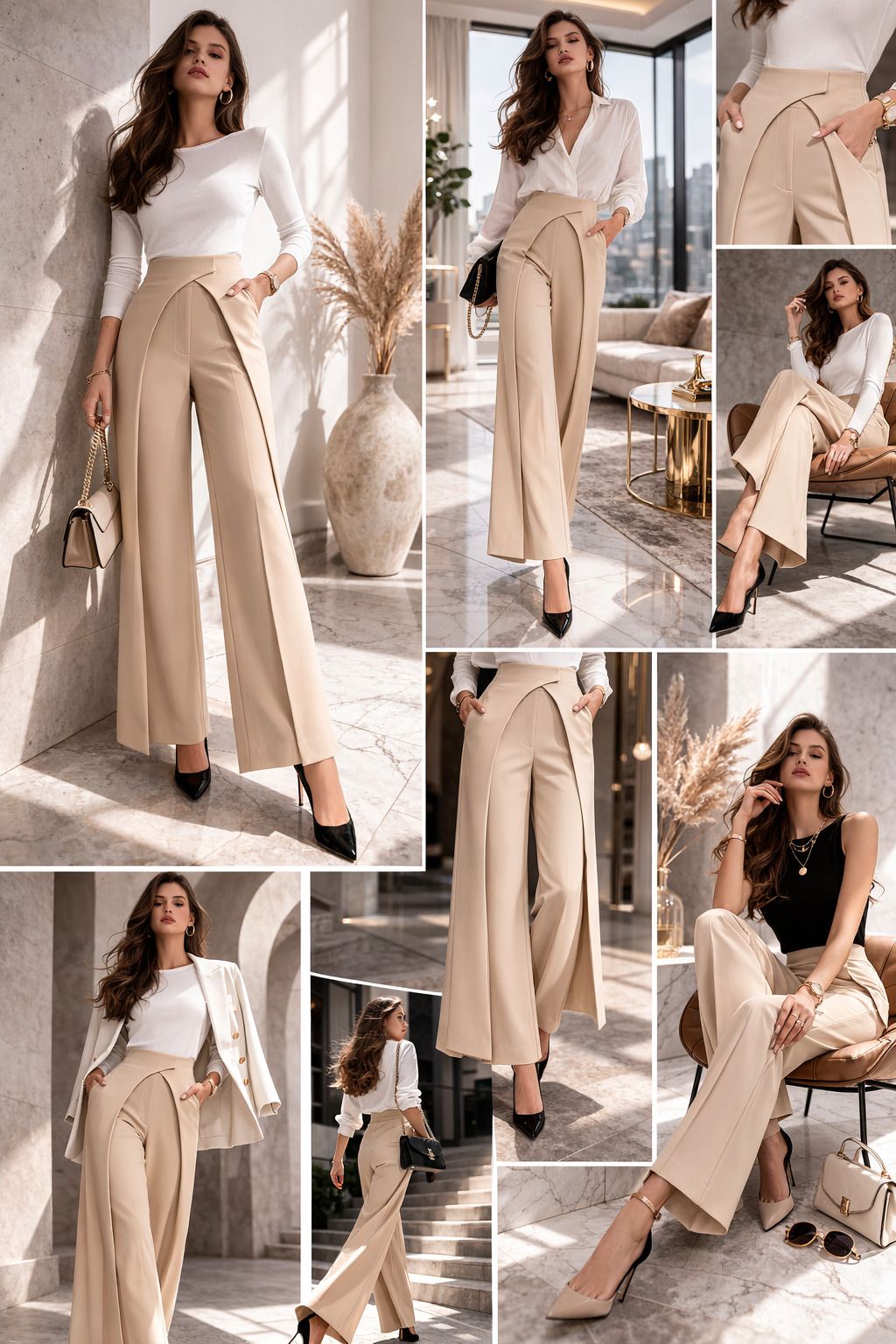 Women Loose Fit Beige Lycra Blend Trousers-image-31