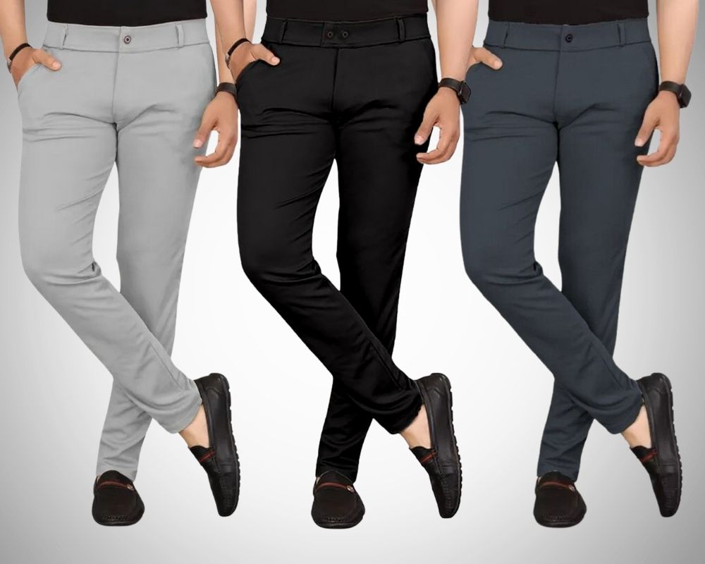 chartou Pack of 3 Men Regular Fit Multicolor Lycra Blend Trousers-picture-19