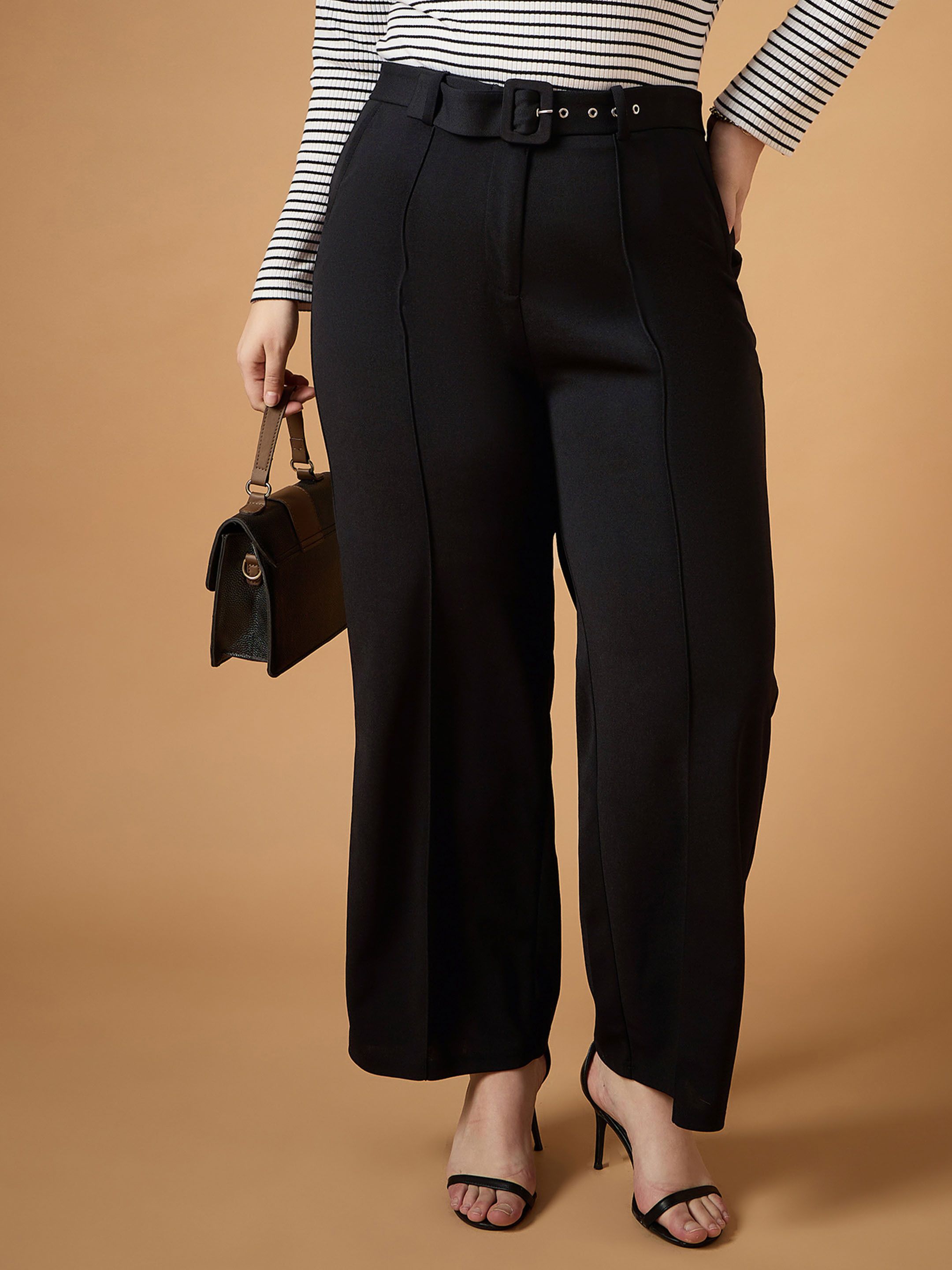 Women Straight Fit Black Polyester Trousers-image-42