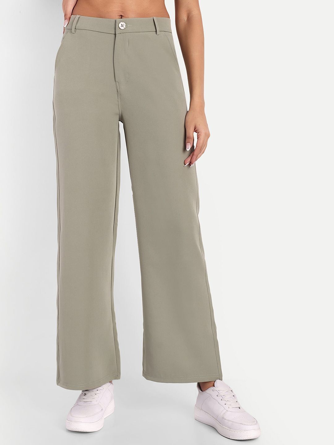 Women Loose Fit Green Cotton Blend Trousers-image-0