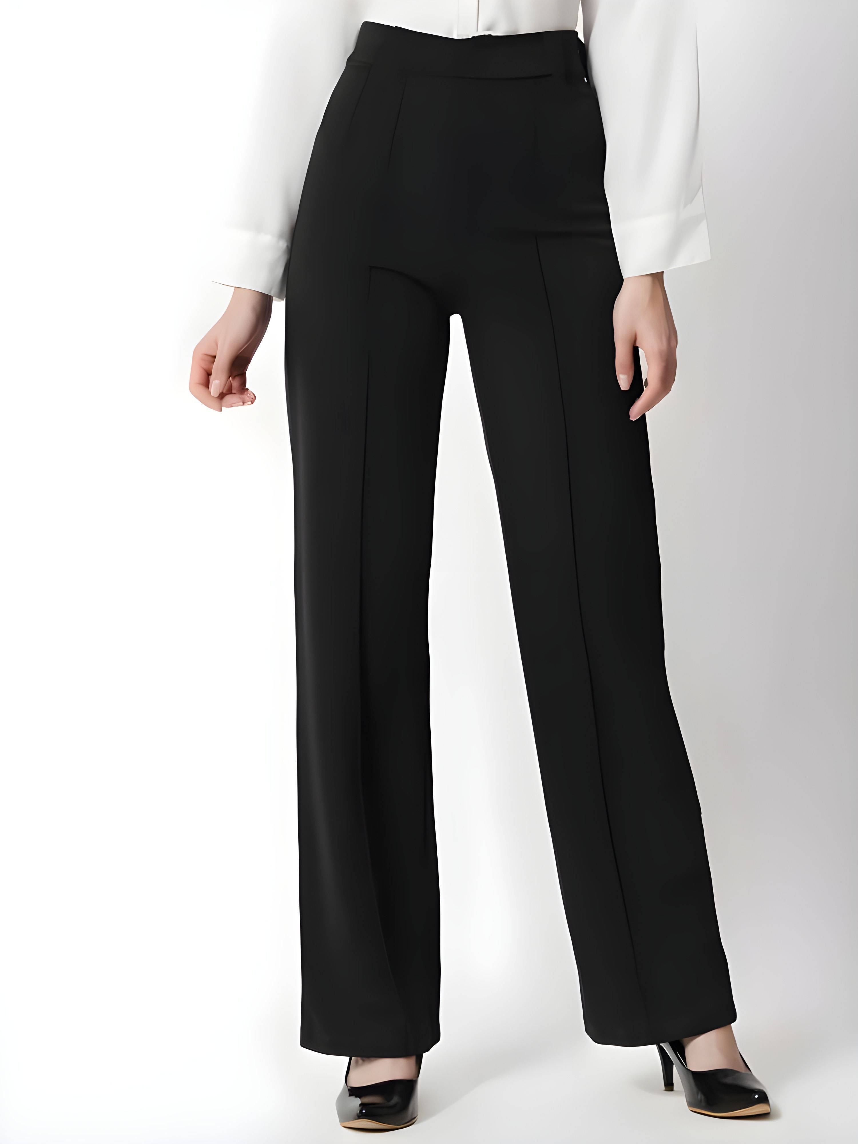 leavess Women Flared Black Cotton Blend Trousers-picture-0