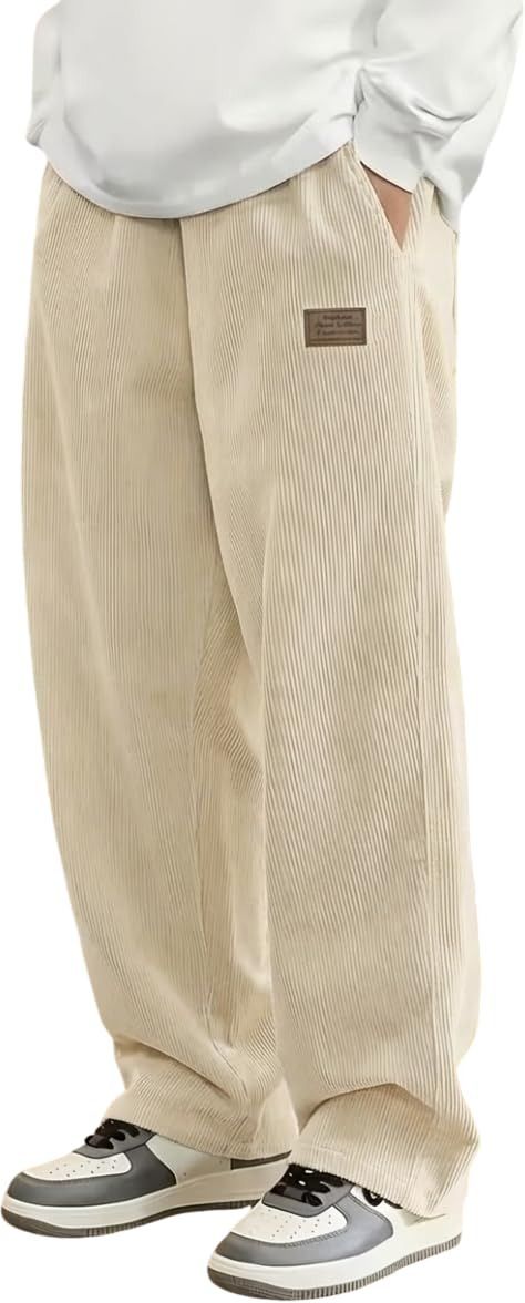 Men Relaxed Cream Corduroy Trousers-image-2