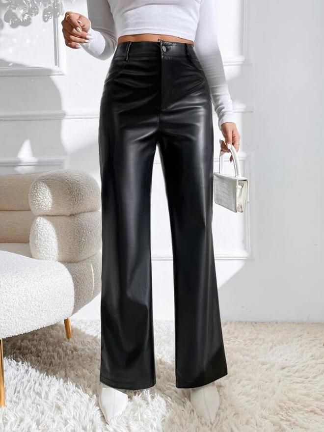 tandul Women Regular Fit Black Faux Leather Trousers-picture-37