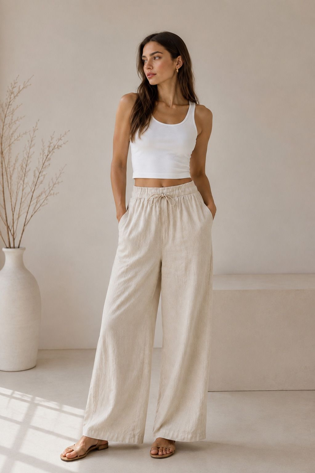 Women Loose Fit Beige Pure Linen Trousers-image-25