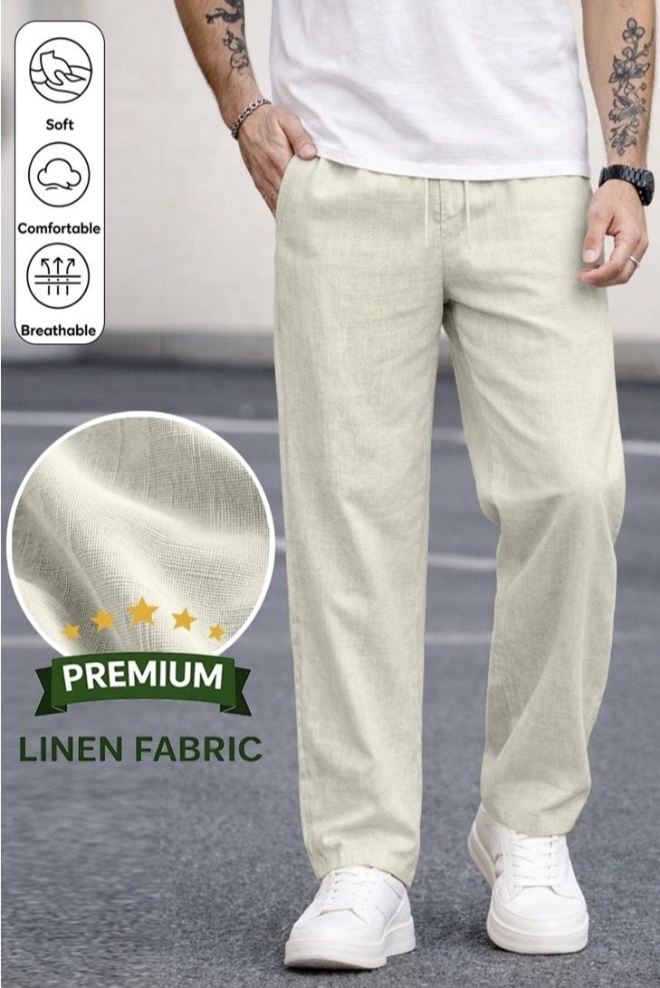 linique Men Loose Fit Cream Linen Blend Trousers-picture-20