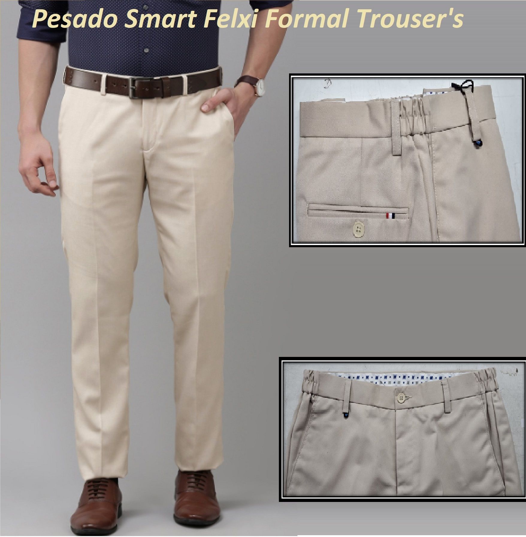 pesado Men Slim Fit Beige Cotton Blend Trousers-picture-29