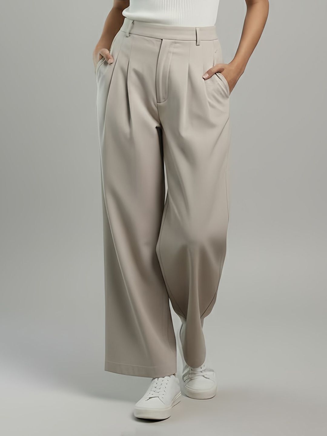 de trendz Women Flared Beige Pure Cotton Trousers-picture-24
