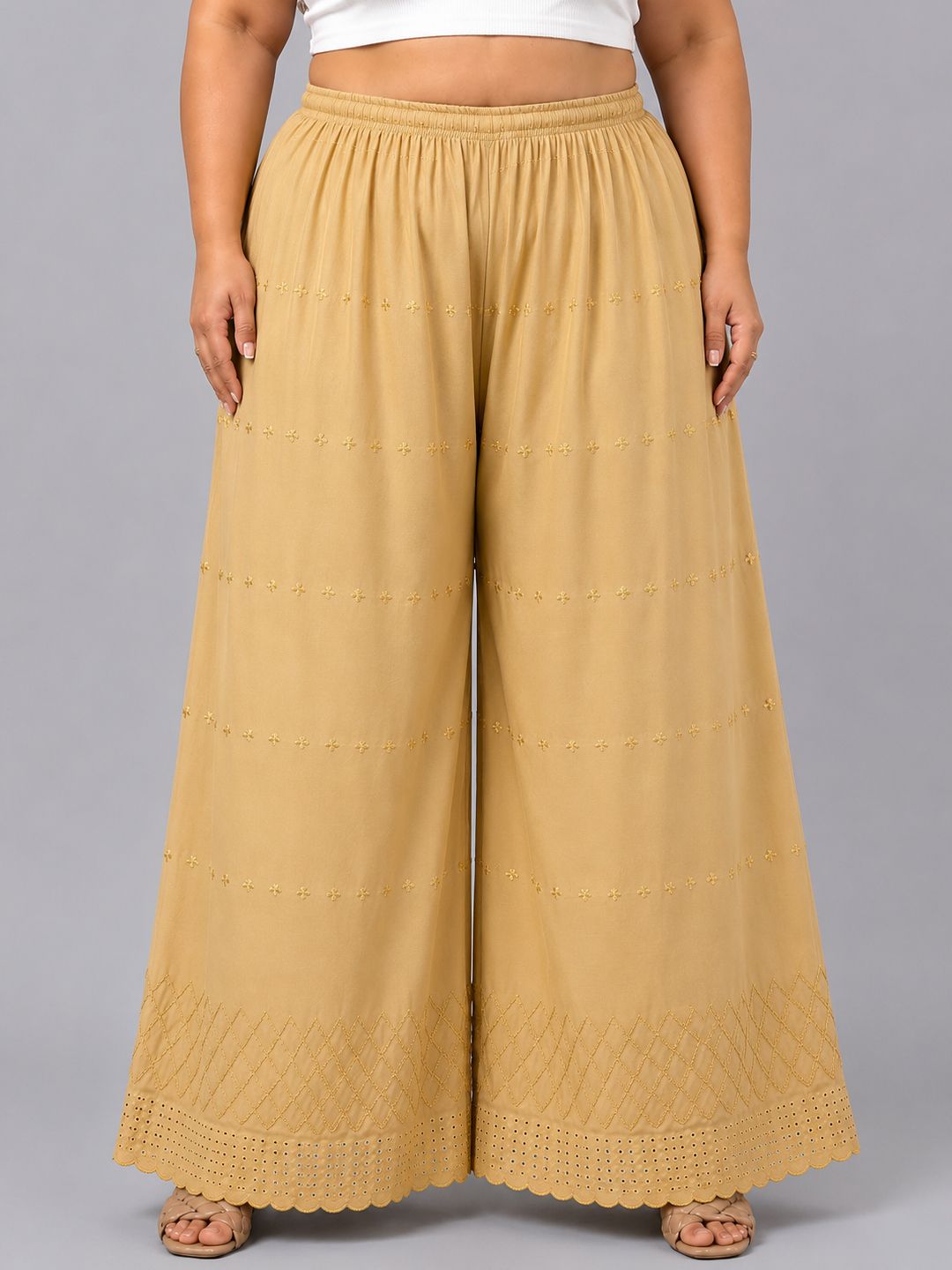 trend level Women Flared Beige Viscose Rayon Trousers-picture-5