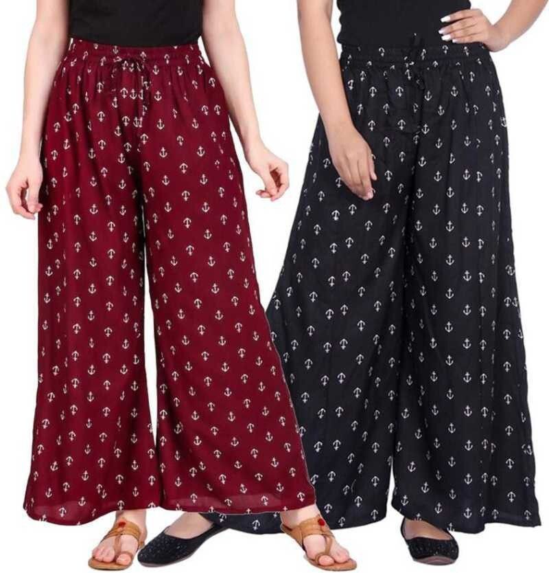 Pack of 2 Women Flared Black, Maroon Viscose Rayon Trousers-image-46