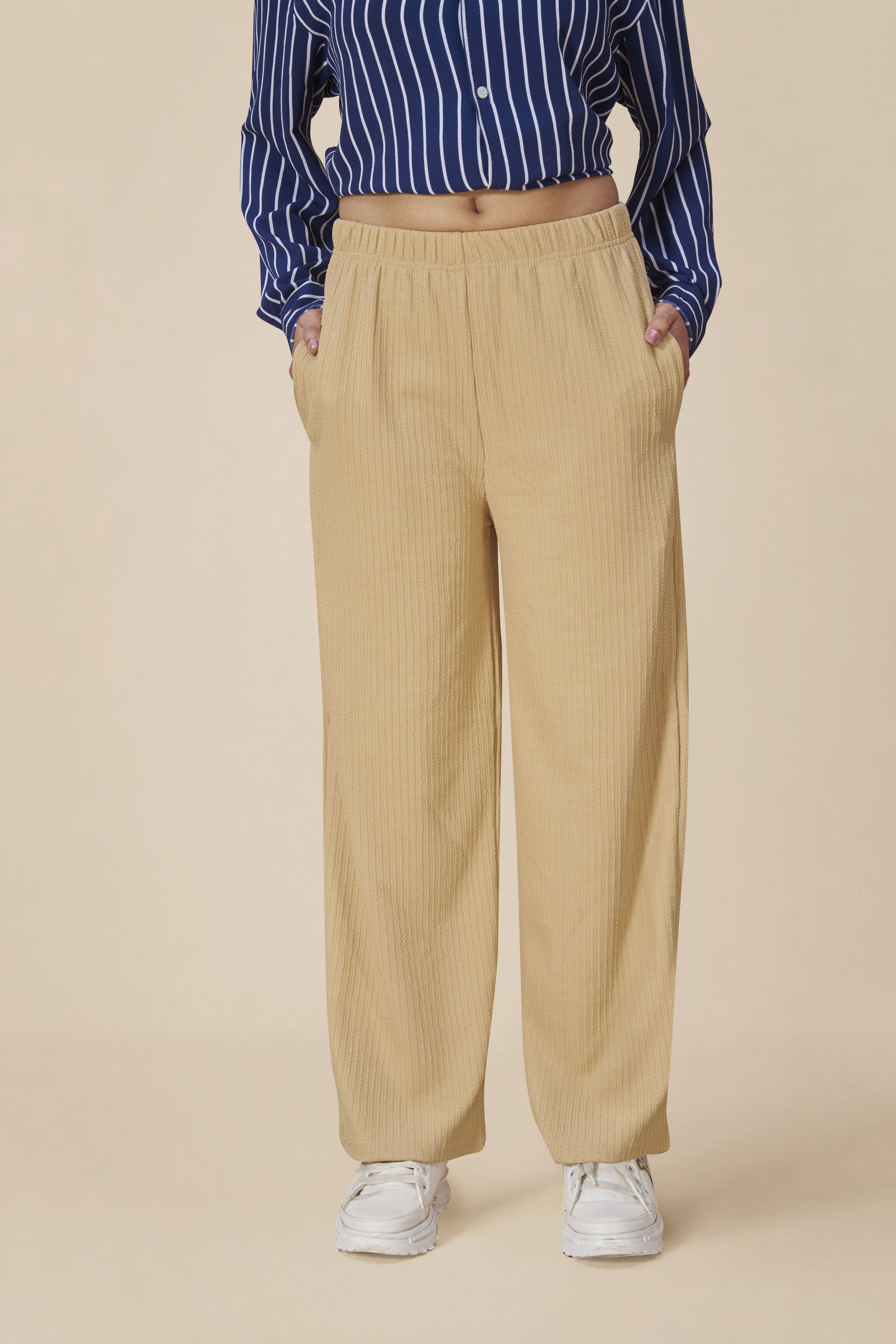 Women Loose Fit Beige Lycra Blend Trousers-image-24