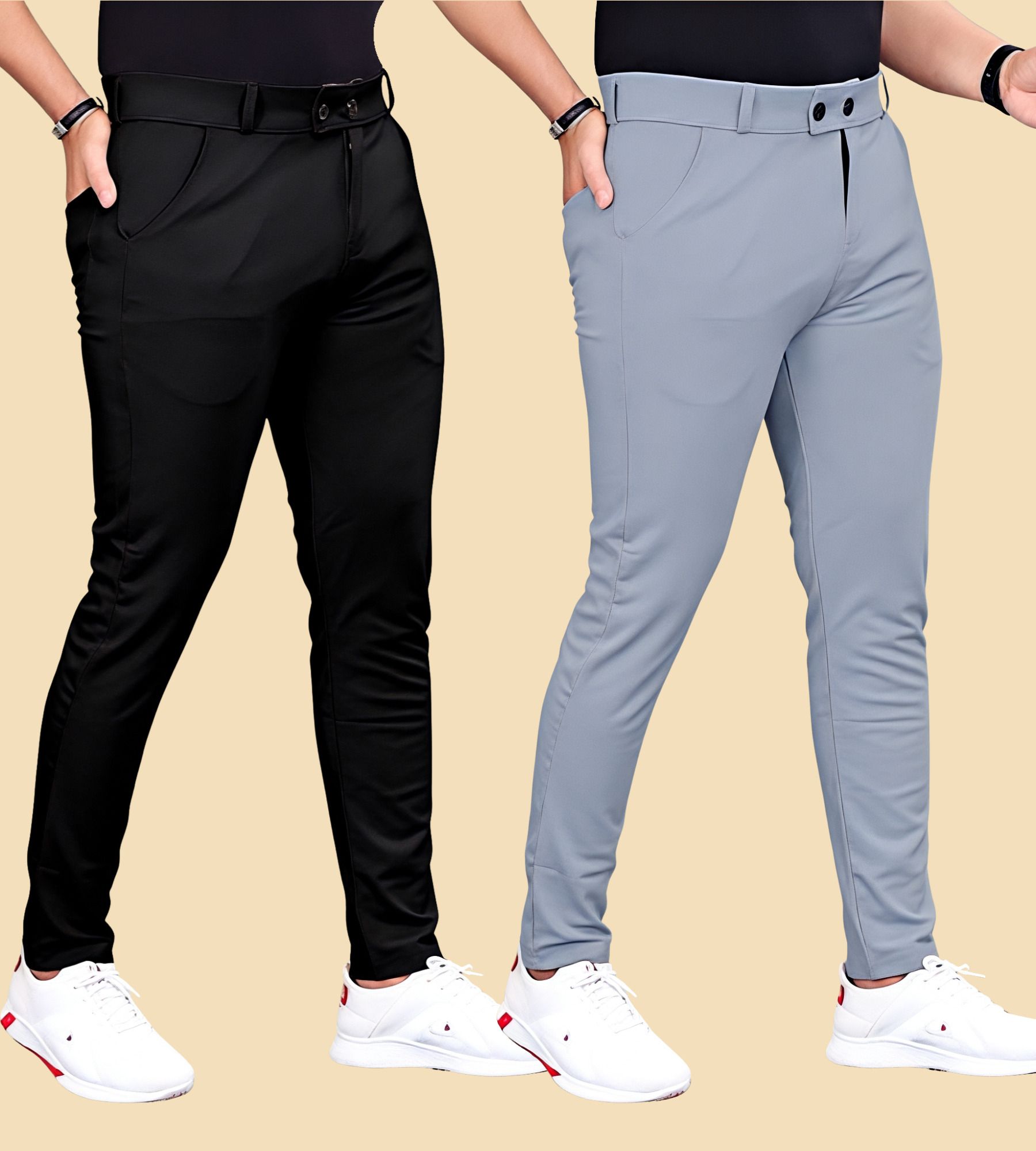 fabaura Men Slim Fit Black, Grey Lycra Blend Trousers-picture-31