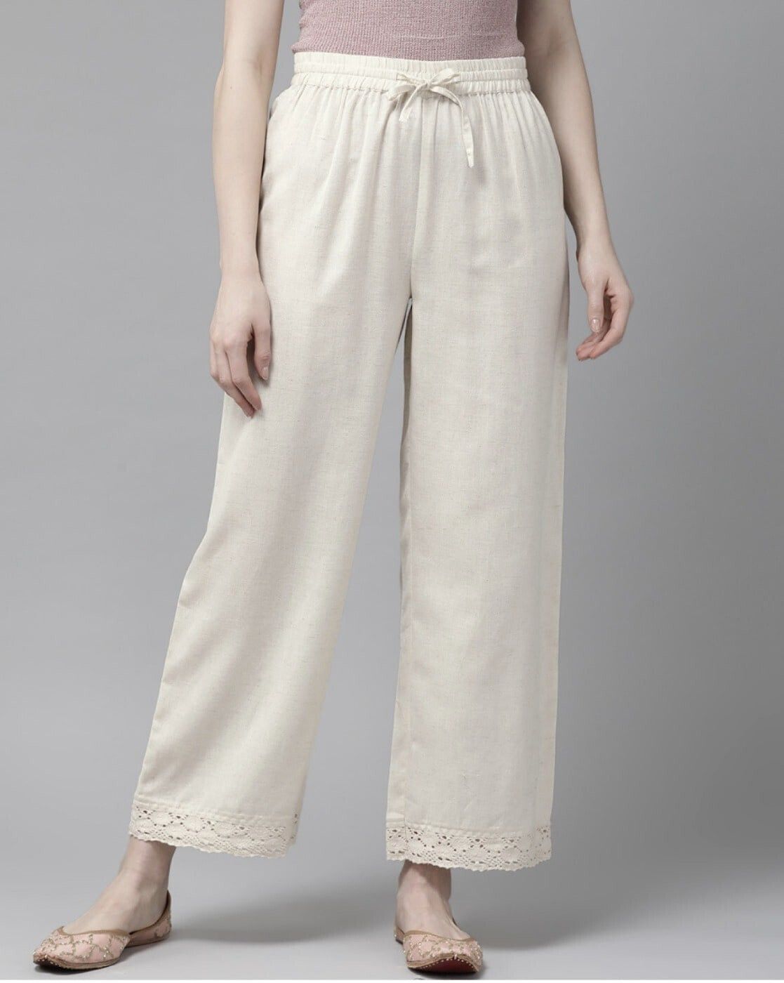 kbz Women Regular Fit Cream Cotton Blend Trousers-picture-27