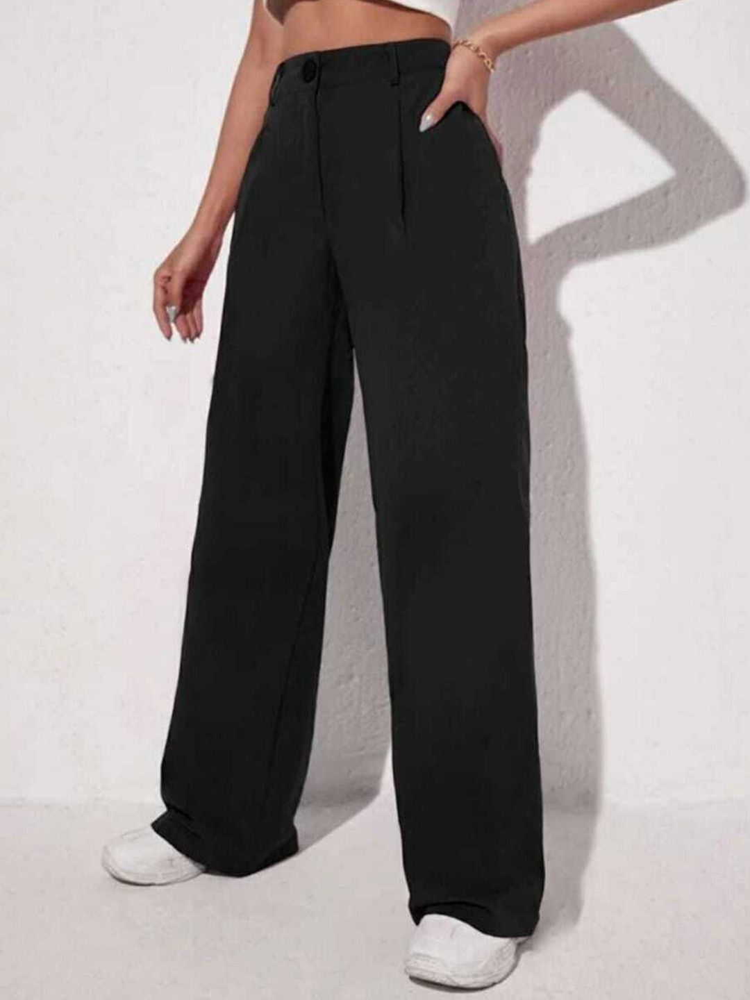 Women Loose Fit Black Lycra Blend Trousers-image-46