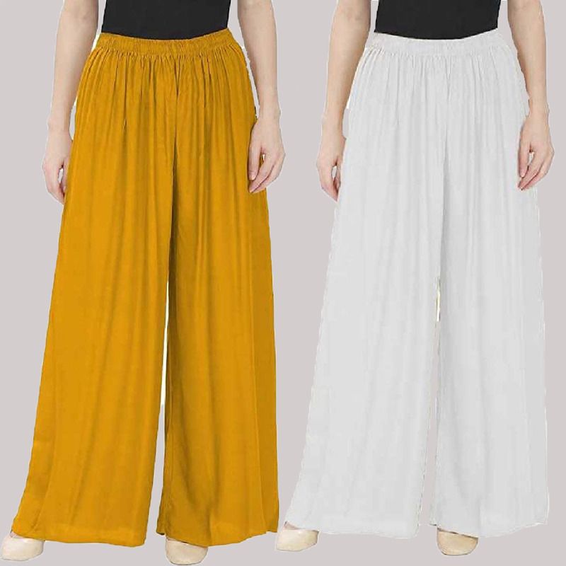 qeheem Pack of 2 Women Regular Fit Yellow, White Cotton Blend Trousers-picture-10