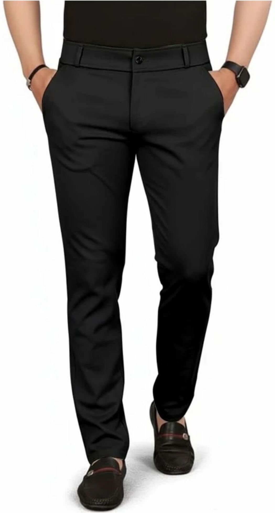 Men Slim Fit Black Lycra Blend Trousers-image-31