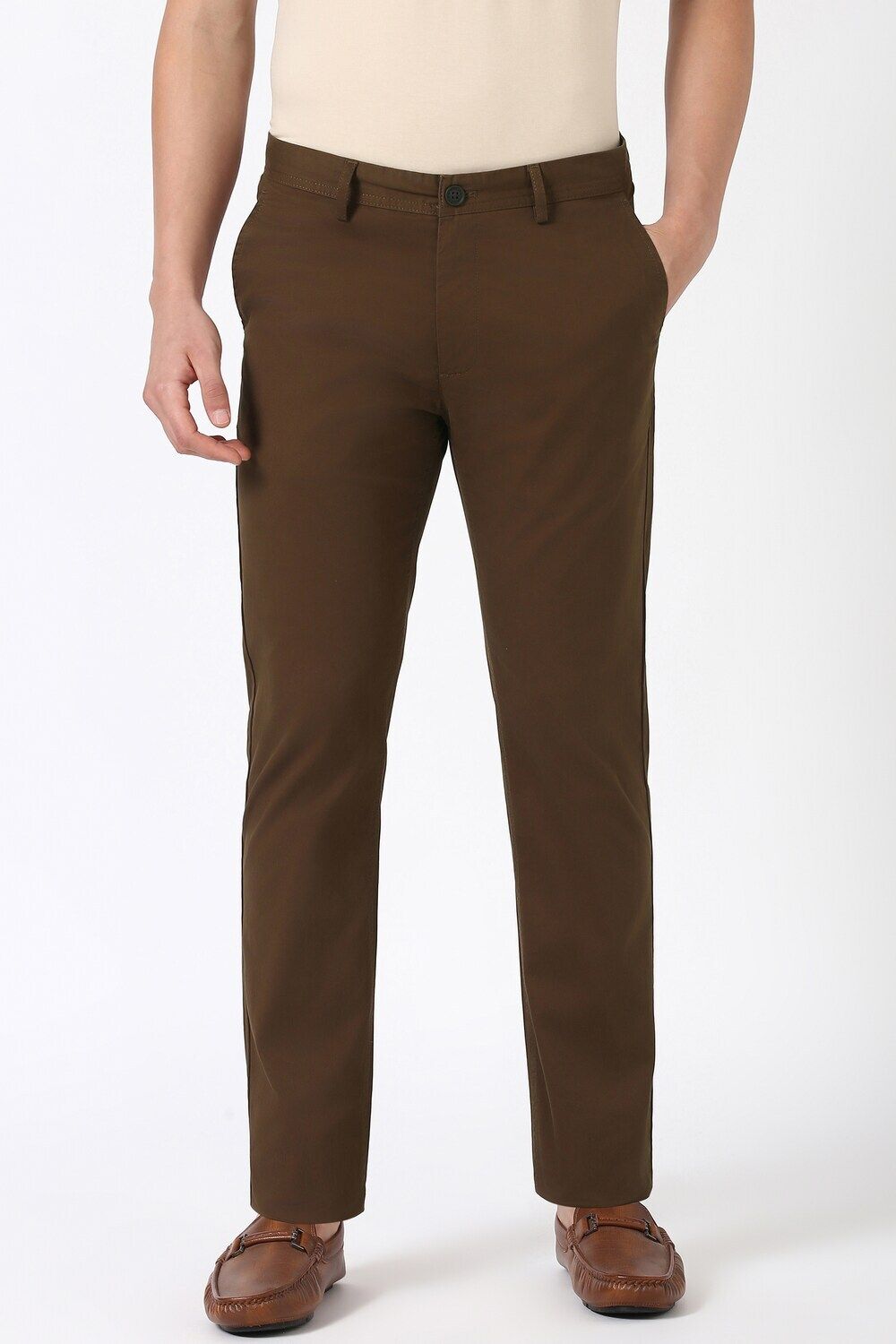 peter england Men Slim Fit Brown Cotton Blend Trousers-picture-11