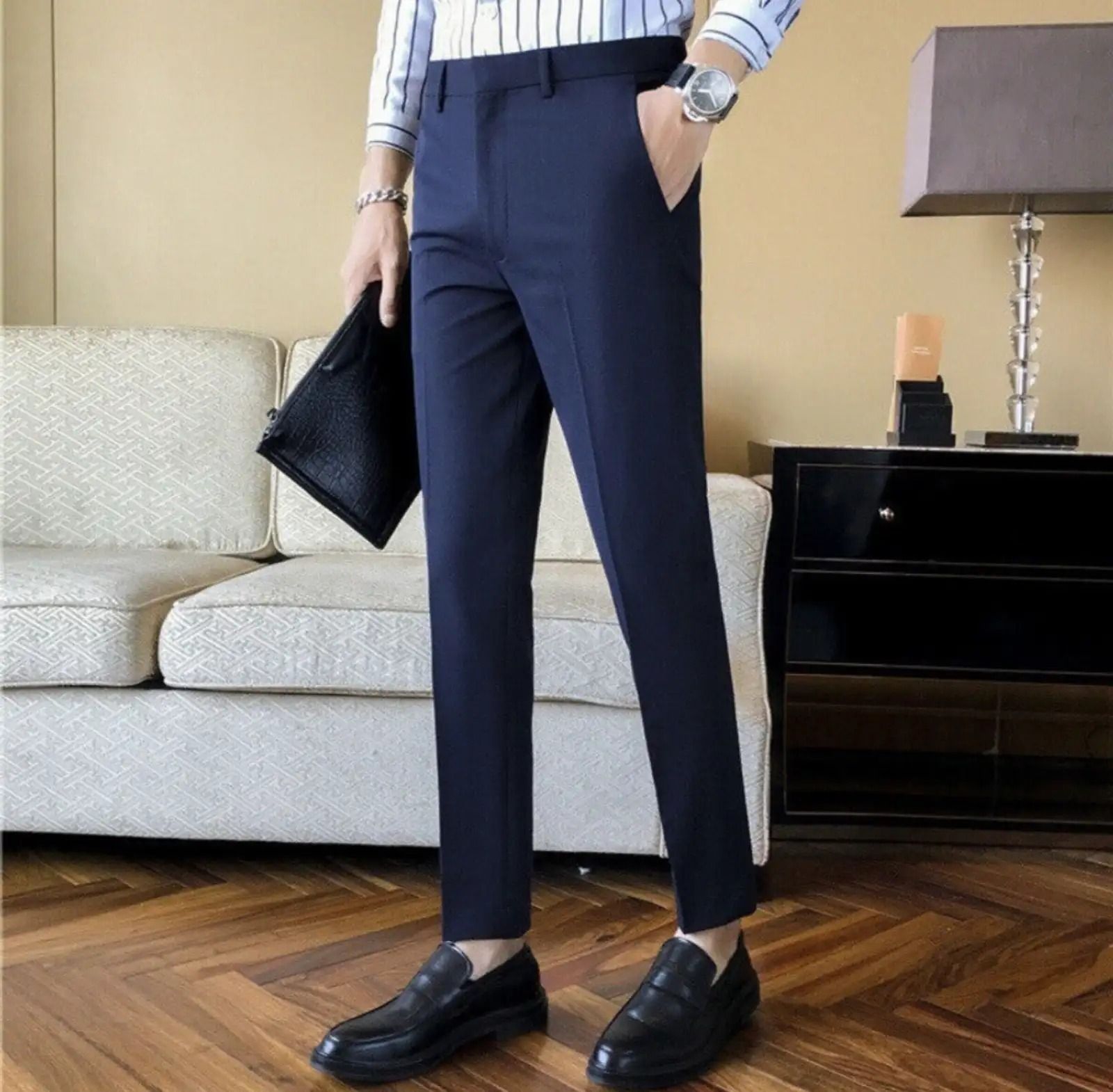 Men Slim Fit Blue Polycotton Trousers-image-5