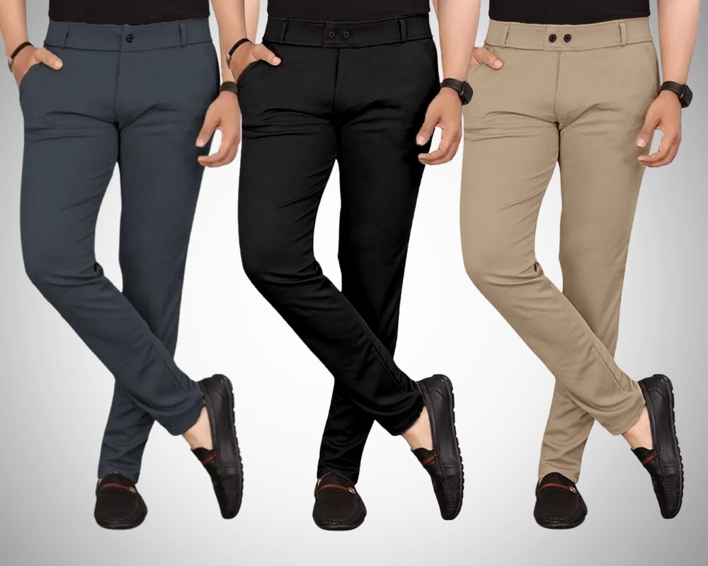chartou Pack of 3 Men Regular Fit Multicolor Lycra Blend Trousers-picture-14