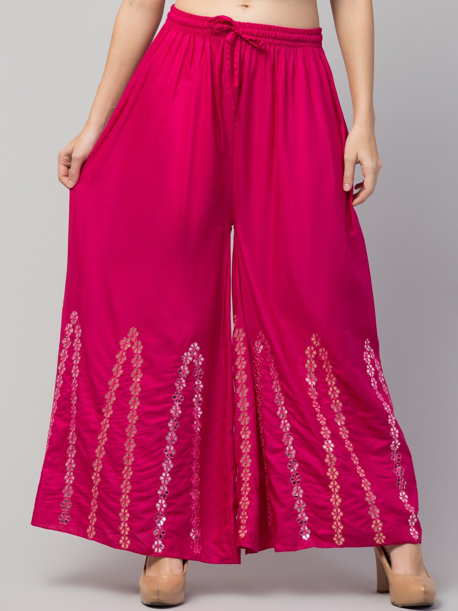 fambee Women Flared Pink Viscose Rayon Trousers-picture-24