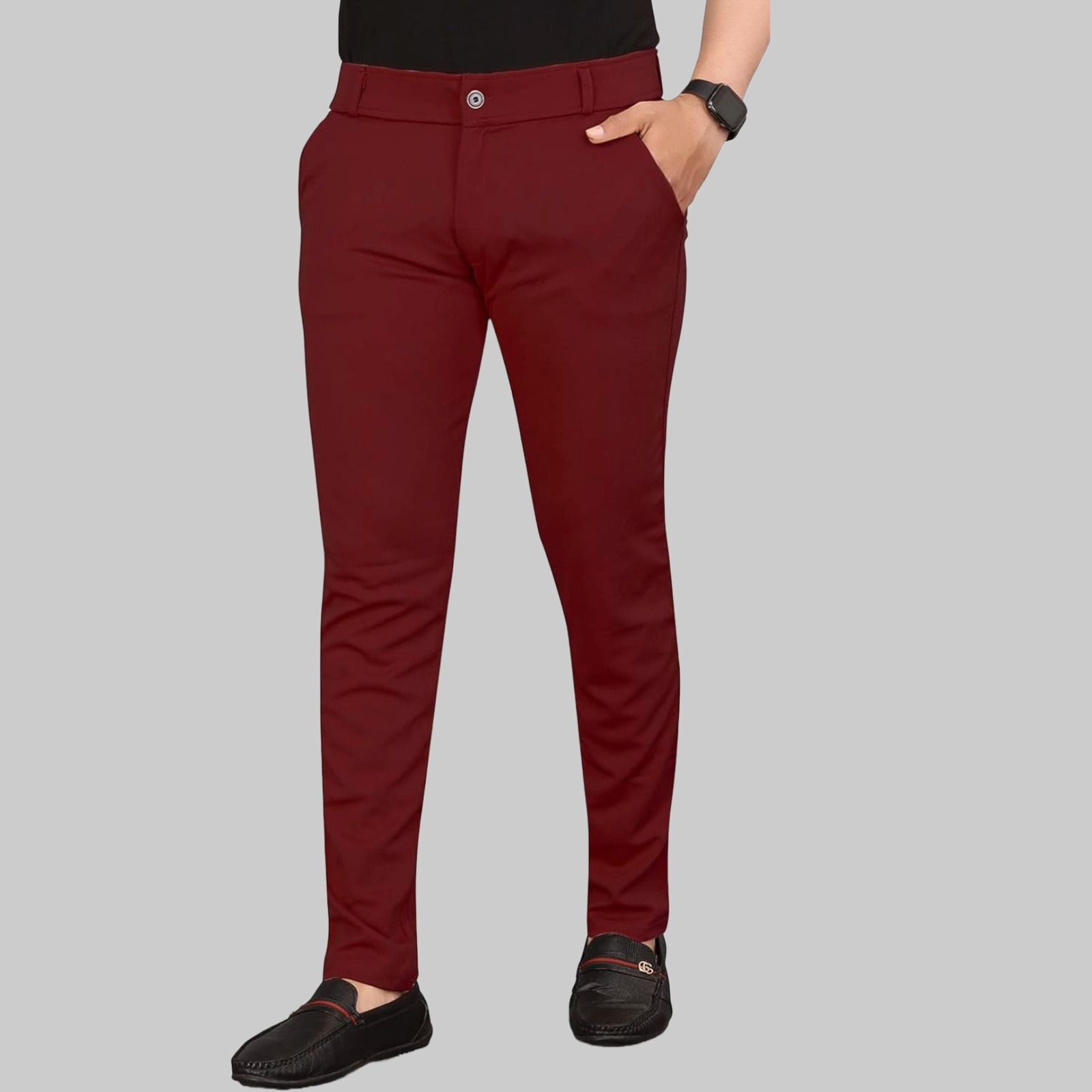 bidatsh trend Men Slim Fit Maroon Lycra Blend Trousers-picture-25