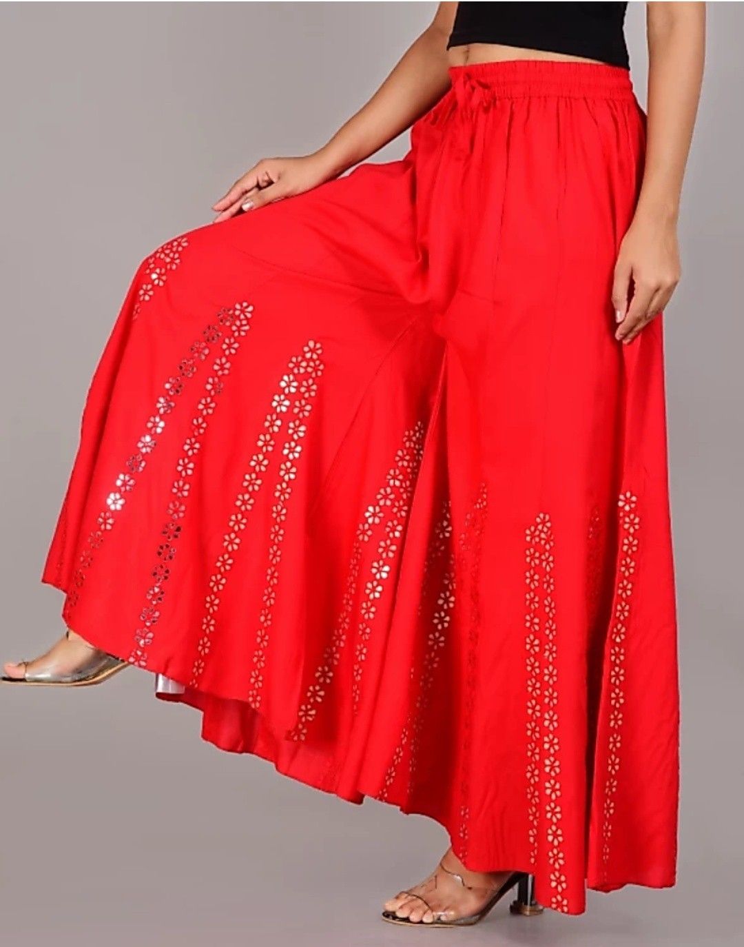 Women Flared Red Cotton Blend Trousers