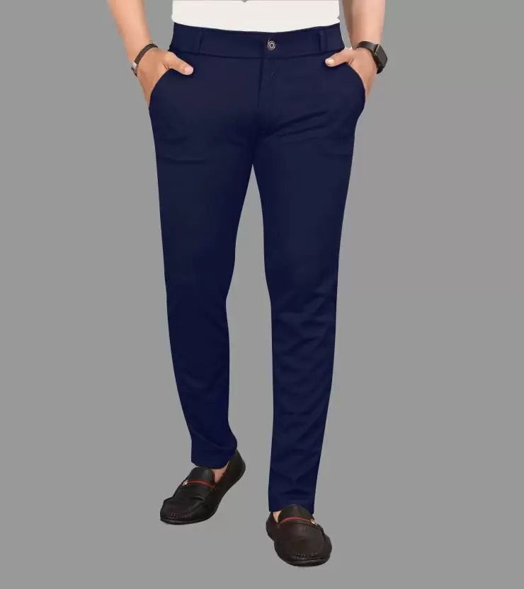 Men Slim Fit Dark Blue Lycra Blend Trousers-image-48